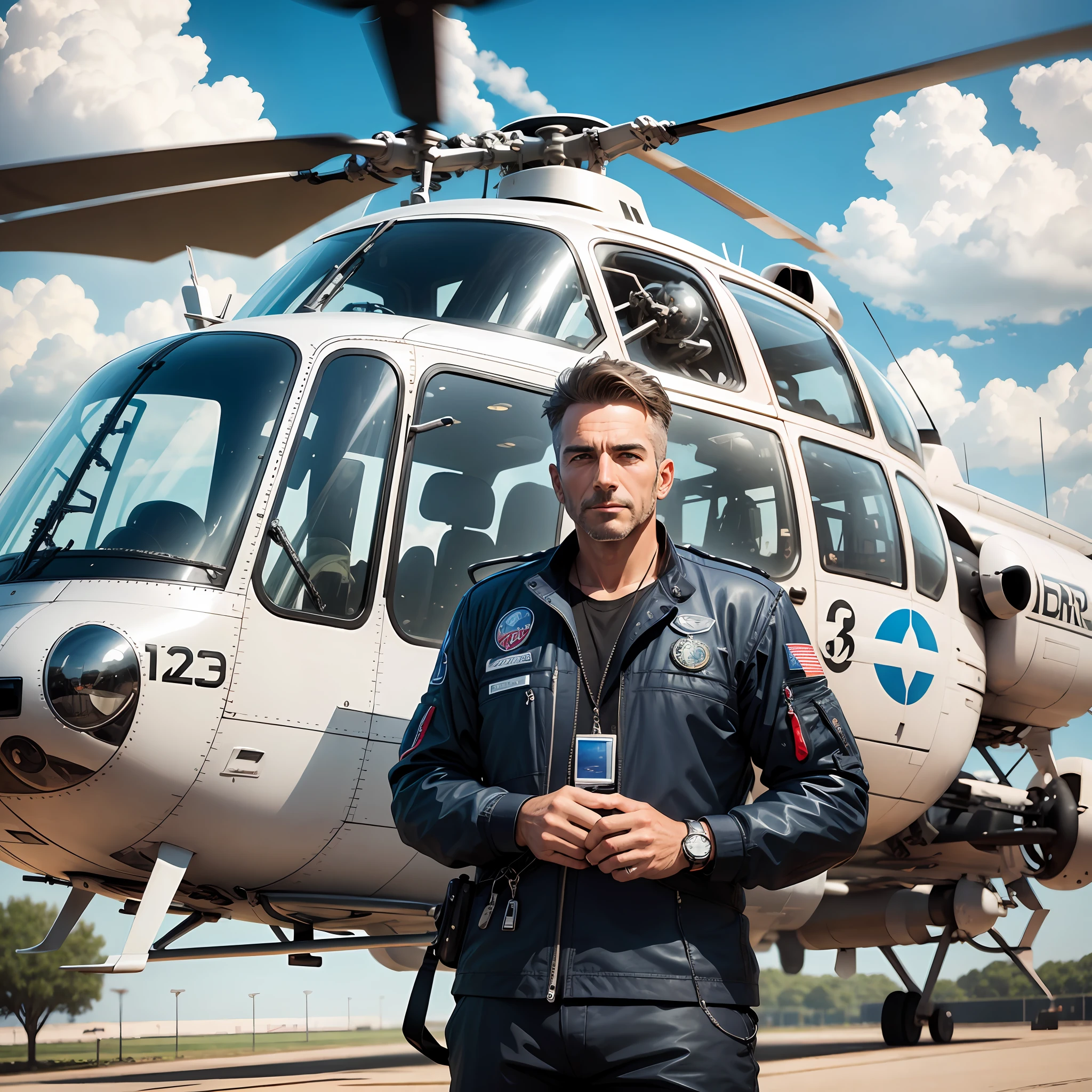 Helicopter pilot with an image of an Airbus helicopter in the background --auto --s2