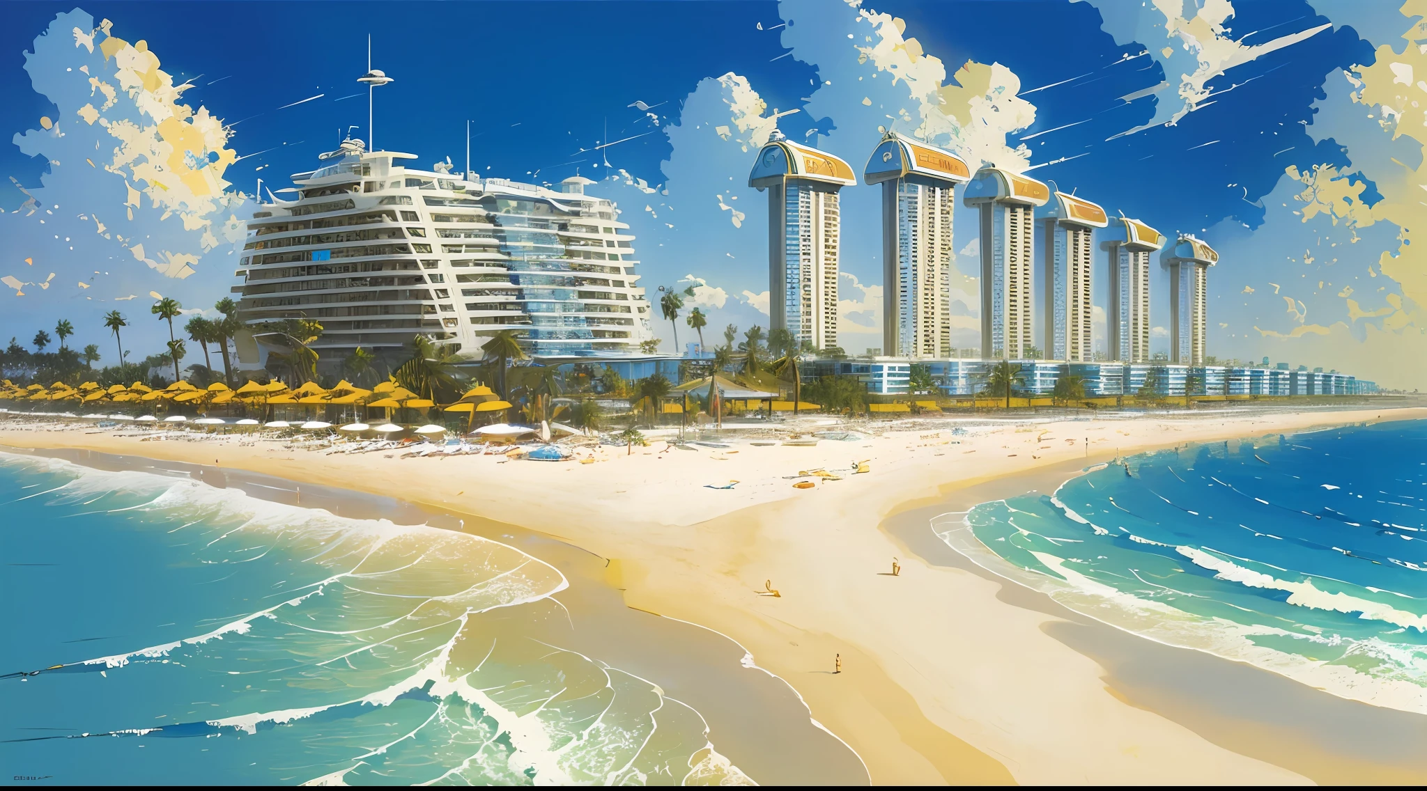 (art by John Berkey), retrofuturistic sunny hotel resort near beach, high details, high resolution, HD,