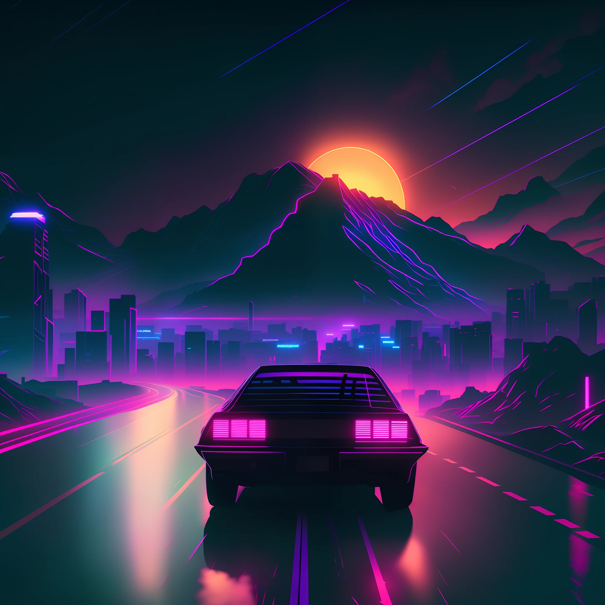 arafed car driving on a road with mountains and a city in the background, epic retrowave art, art deco outrun anime aesthestic, masterpiece epic retrowave art, retrowave art, retrowave epic art, synthwave digital art, synthwave art style, outrun art style, synthwave art, retrowave vibes, retrowave style, dark retrowave --auto --s2