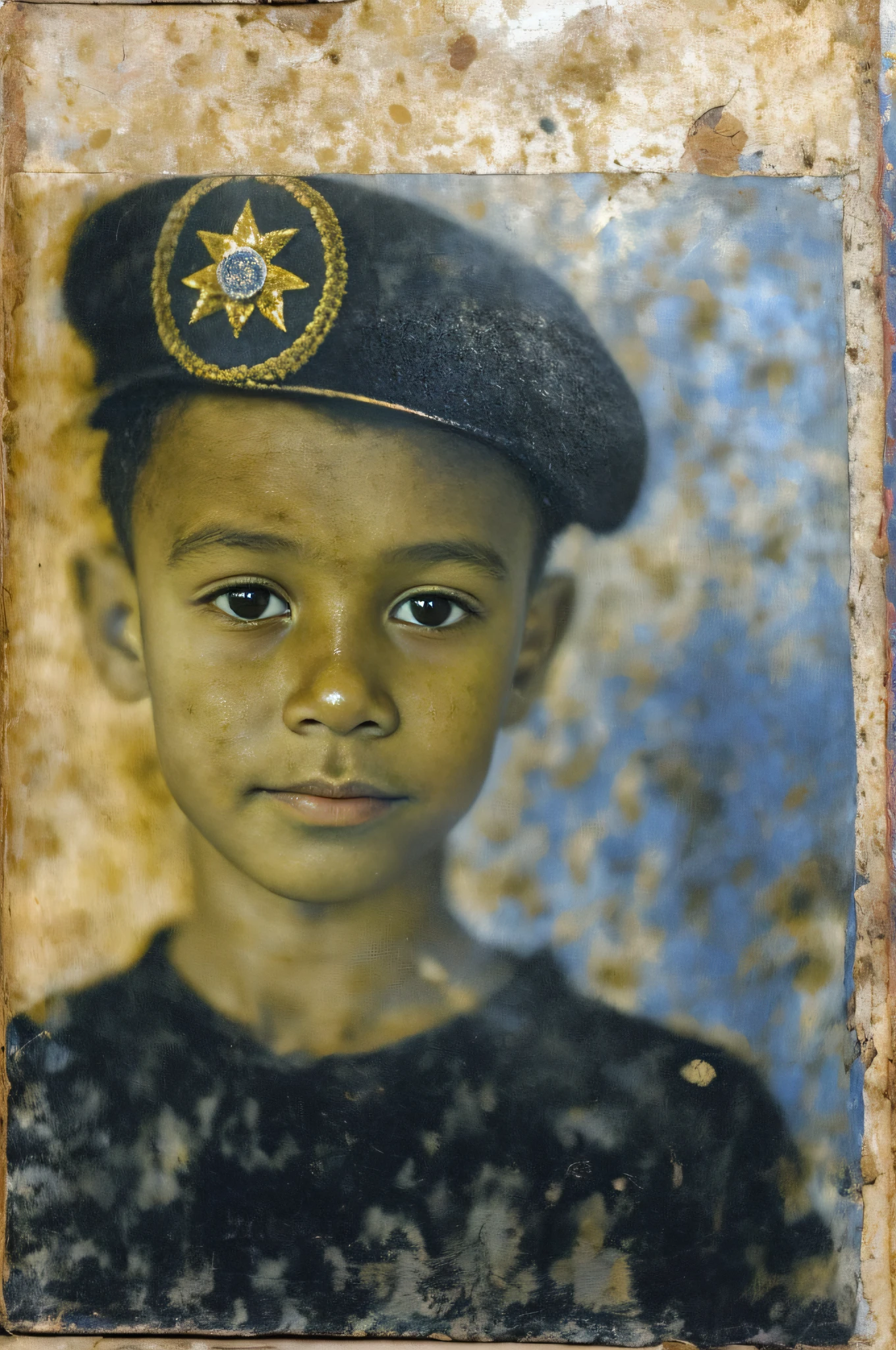 a close up of a picture of a young boy wearing a hat, old picture, taken in the early 2020s, killed in war, wonderful masterpiece, mohamed chahin, around 1 , photo taken in 2 0 2 0, historical image, raden saleh, unknown artist, very very low quality picture, potrait