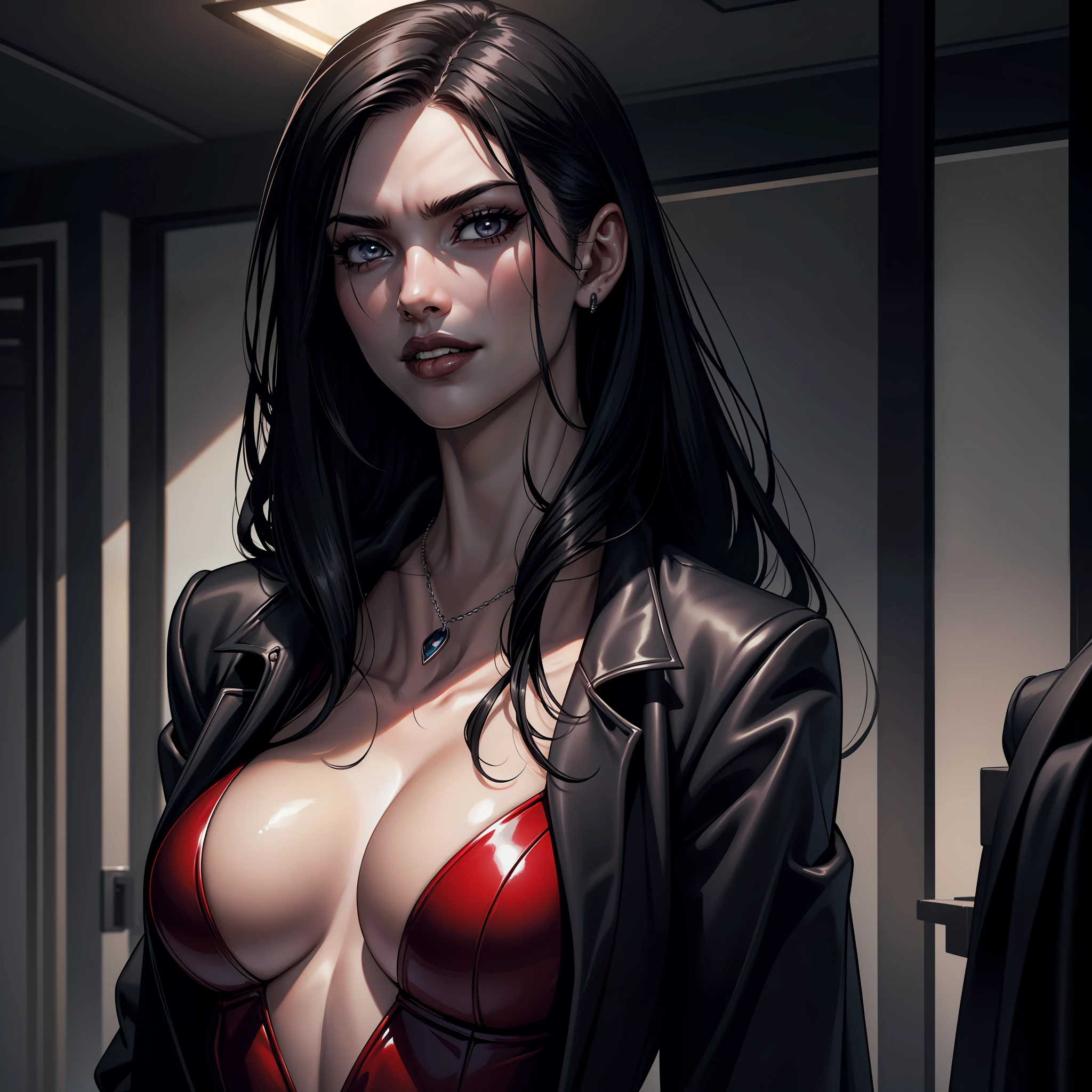 (extremely detailed 8k wallpaper), dark theme, Vampire the Masquerade, modern horror, 2020s, beautiful adult woman, wearing suit, expensive jewelry, sharp focus, (subsurface scattering:1.1), award-winning photography, centered face, face of supermodel Adriana Lima, ((a Toreador vampire)), half-body photo:1.1, long black hair stuck, supernatural gray eyes:1.2, serious smile, ((fleshy lips)), In front of the gym room, dramatic lighting, SFW