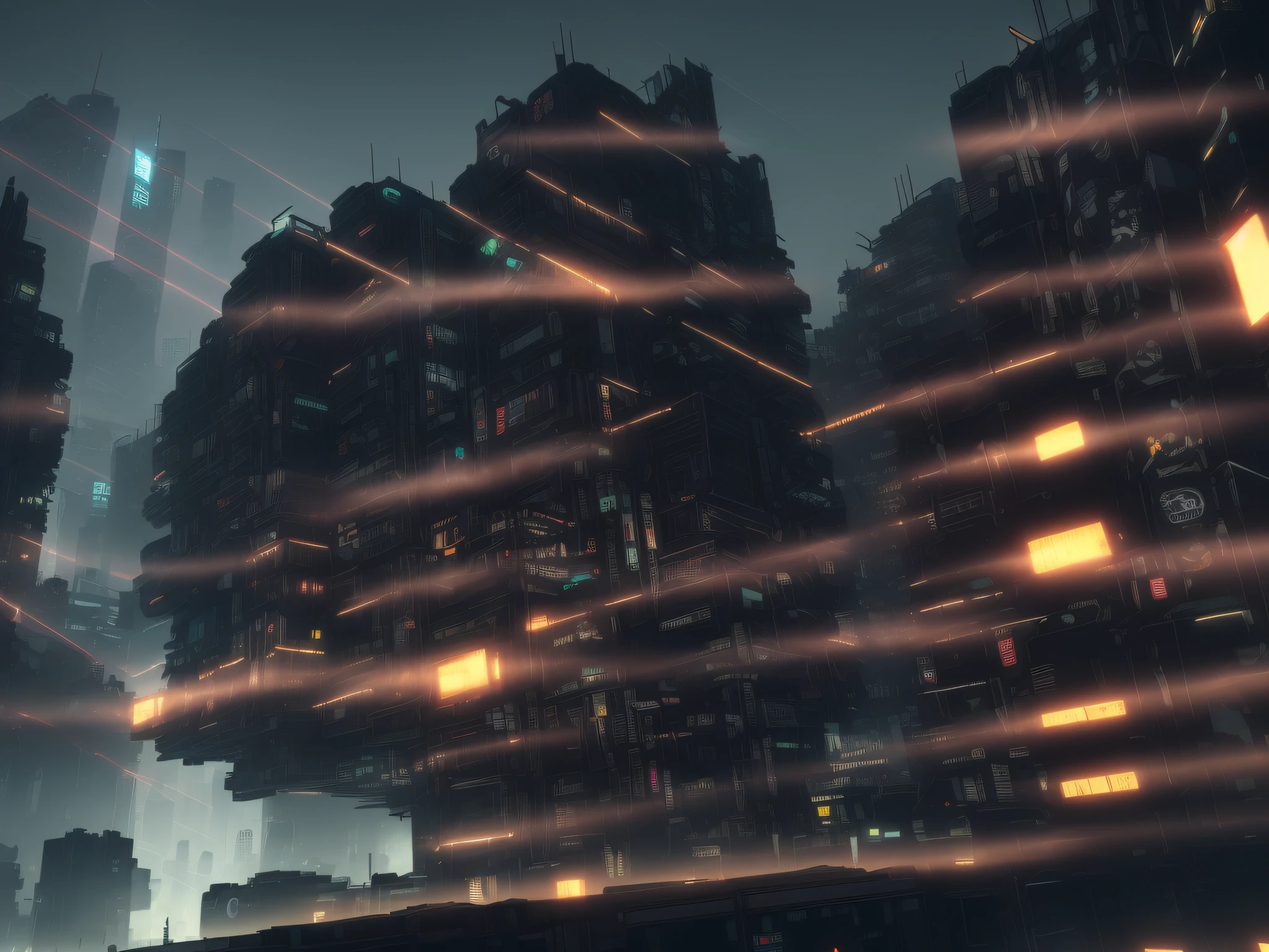 there are many buildings in the city at night with lights, digital concept art of dystopian, dystopian city skyline at night, dystopian lighting, dystopian cyberpunk city, dystopian brutalist atmosphere, dystopian city, dark futuristic city, octane render sci - fi, dystopian environment, dystopian scifi apocalypse, bladerunner city landscape, dystopian atmosphere, photo of futuristic cityscape, dirty cyberpunk city --auto --s2