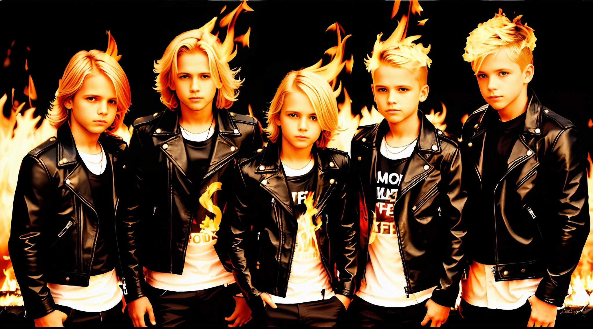 3 boys blonde children WITH STRAIGHT HAIR, BLACK LEATHER JACKET AND BLACK CLOTHING. PORTRAT STYLE, flames are glowing in the dark with a reflection of fire, flames of fire, flames in the background, fire and flames, flames in the background, place of fire roaring, flames of fire in the background, flames in flames, flames in the background, red flames in the background, fire and flames and smoke, fire in flames, many flames, flame and fire, fire in the background, Multiple flames