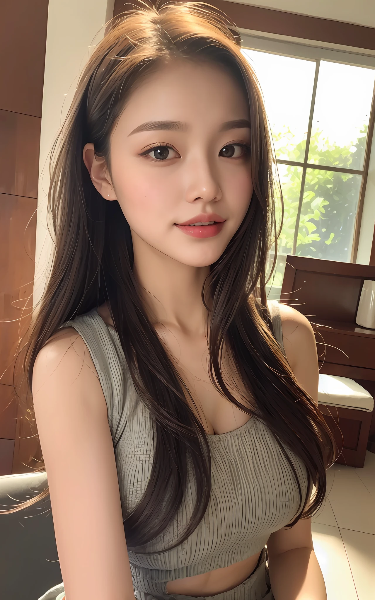 Superb, Masterpiece, Ultra High Quality, Realistic, Girl, (Beautiful Face 1.4), (Big, Constricted Waist), Long Hair, Indoors, Bokeh, Milight, Glossy Skin, Small Head, Smile