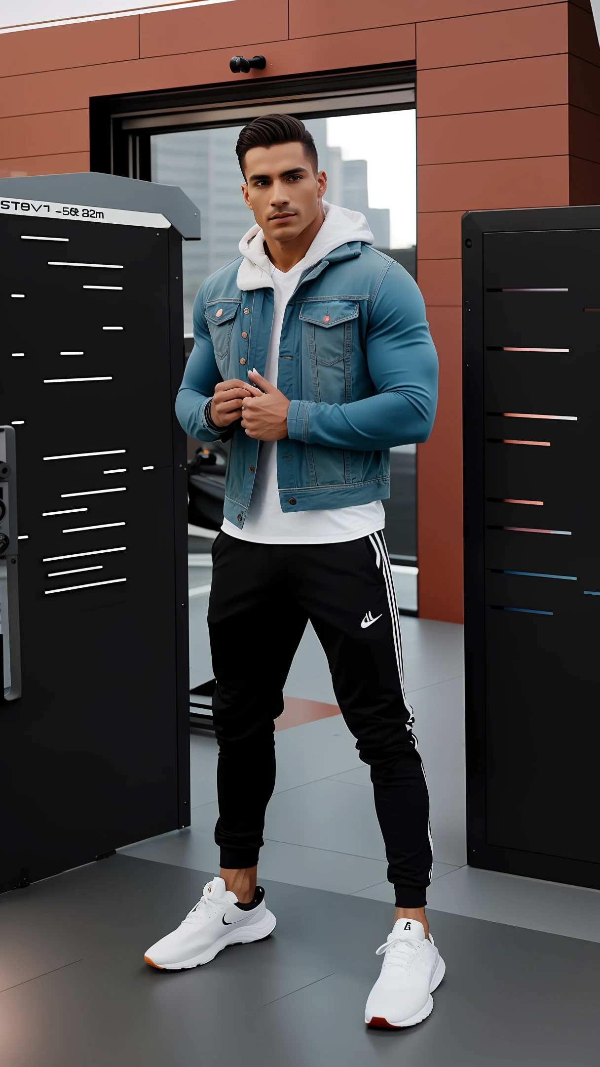 fitness man,homem forte no centro da foto, uma cidade sombria atrás do homem, imagem ultra realista, imagem HD, Full HD, Full definição, realismo, qualidade ultra realista, fotografia,foto profissional, 8K, cinematic lighting, photographic, Eastman Kodak Color Negative film 5251 50T shot on panavision super ps . no arms,light through the mist morning fog, highly detailed, photorealistic portrait, bright studio setting, studio lighting, crisp quality and light reflections, unreal engine 5 quality render, realistic face,naturals body figure on instagram, full body shot, telephoto lens, 50mm --auto --s2