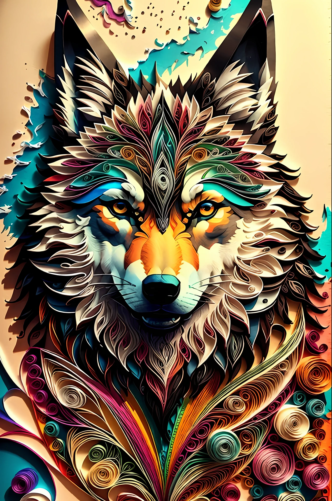 wolf,multi dimensional paper quilling, art, chibi,
yang08k,  beautiful,  colorful,
masterpieces, top quality, best quality, official art, beautiful and aesthetic,