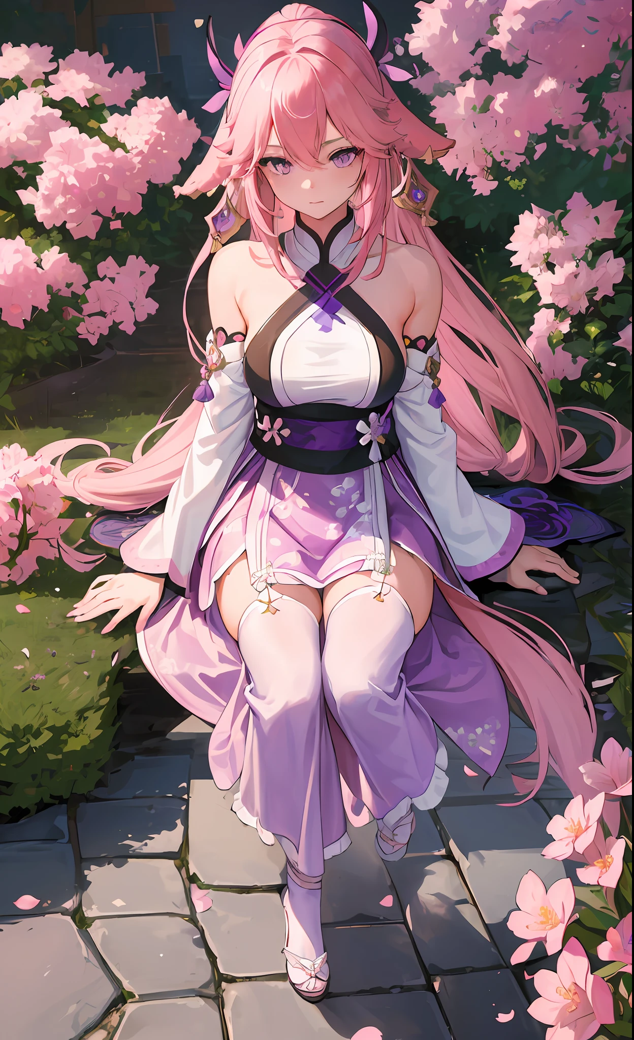 (girl:1.5),lace,ribbon,hanfu,(masterpiece, sidelighting, finely detailed beautiful purple eyes: 1.2), masterpiece, realistic, glowing eyes,shiny hair,pink hair,long long hair, lustrous skin, solo, embarassed,Strapless,exquisite,beautifly,garden,flowers,flying petals, Yae miko, Sexy gaze