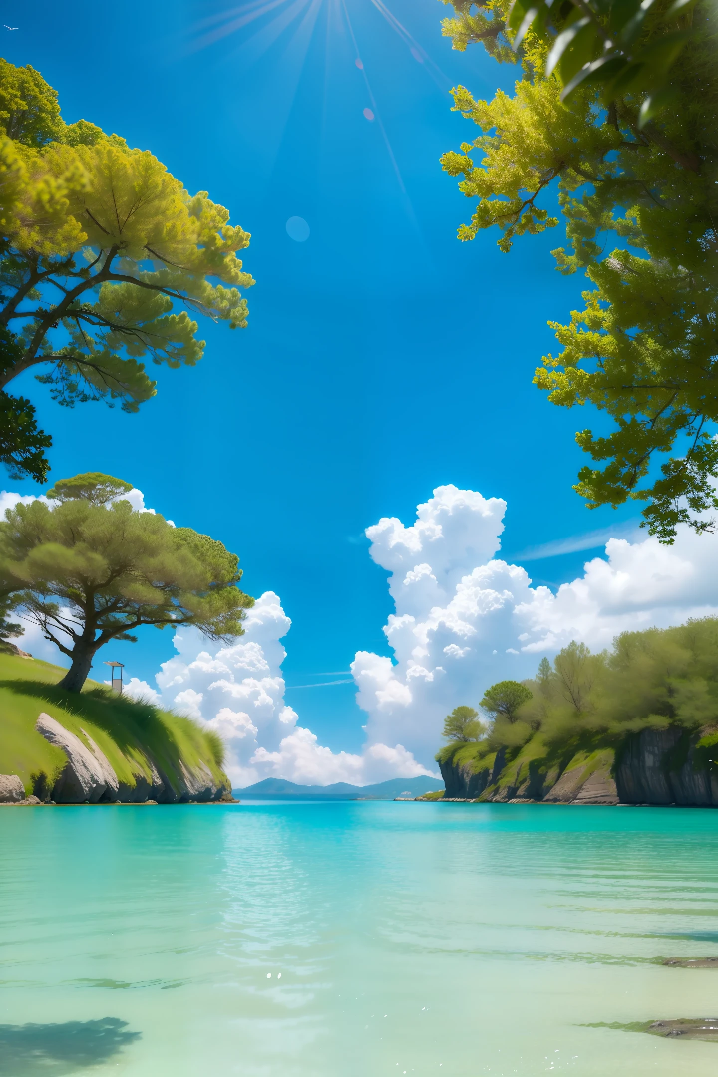 A painting of a lake with trees and a sky background - SeaArt AI