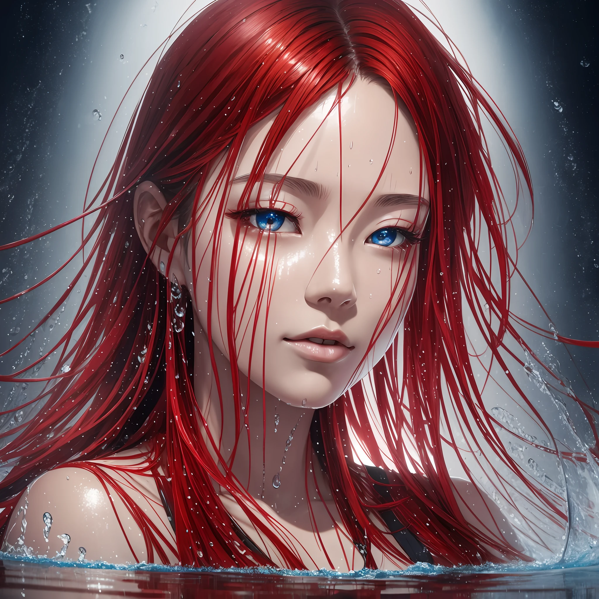 a half-body portrait of a Japanese woman made of water, half body submerged in water, in a lake, red hair depicting as waterfall, wet, water drops on face and body, natural body posture, rain, symmetrical, abstract art style, complex and intricate watercolor painting, sharp eyes, digital painting, explosion of colors, conceptual art, Volumetric lighting, metallic reflections, 2D rendering, 8K. by Artgerm, trend in ArtStation --auto --s2
