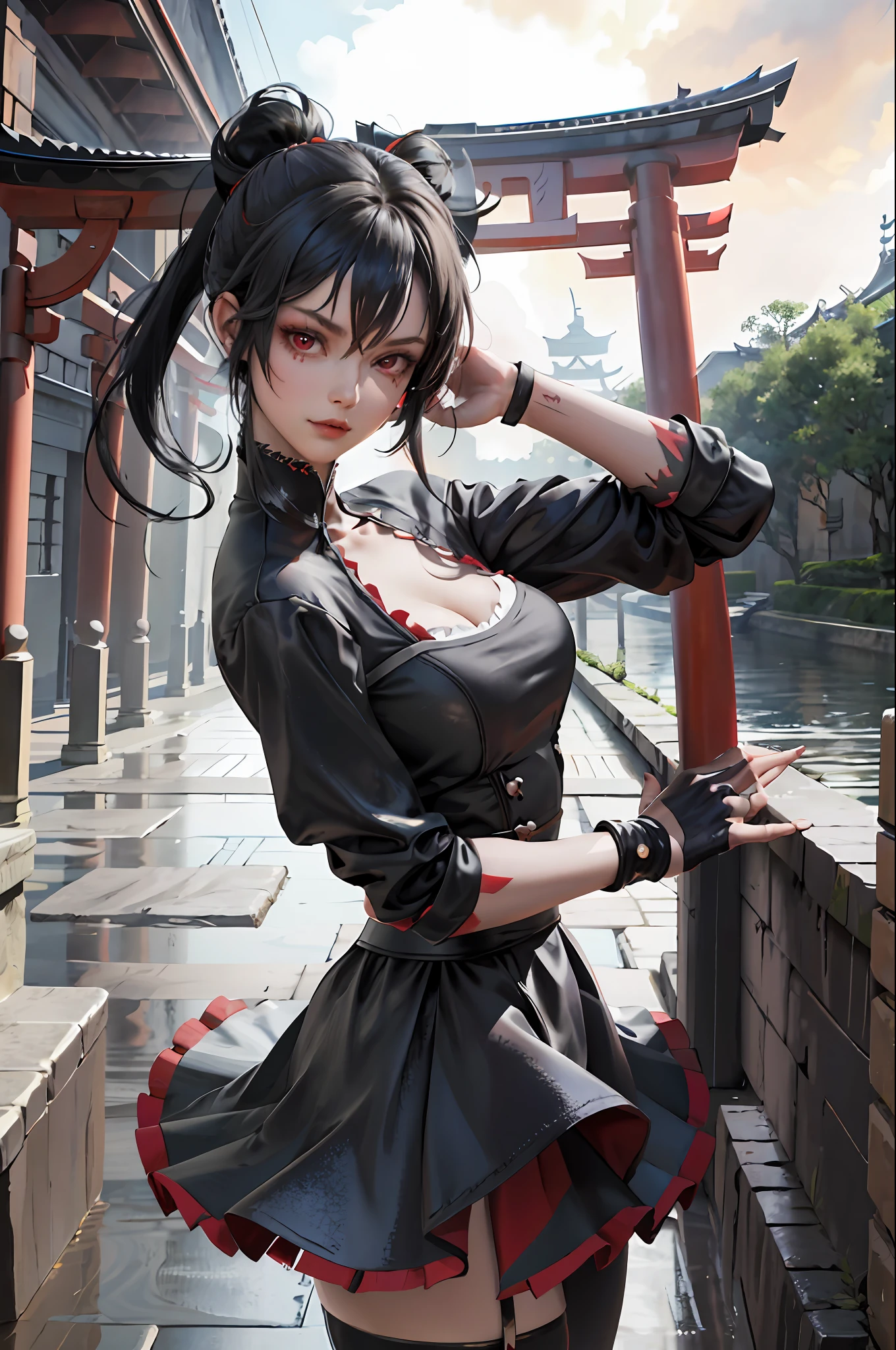 (masterpiece:1.2, best quality), (dinamic lighting) 1lady, solo, Cute face, red eyes, hair tied at the sides rolled down, shy, red and black French maid dress decorated, iron sword on the floor , (shiny skin:1.2), upper body, torii, temple