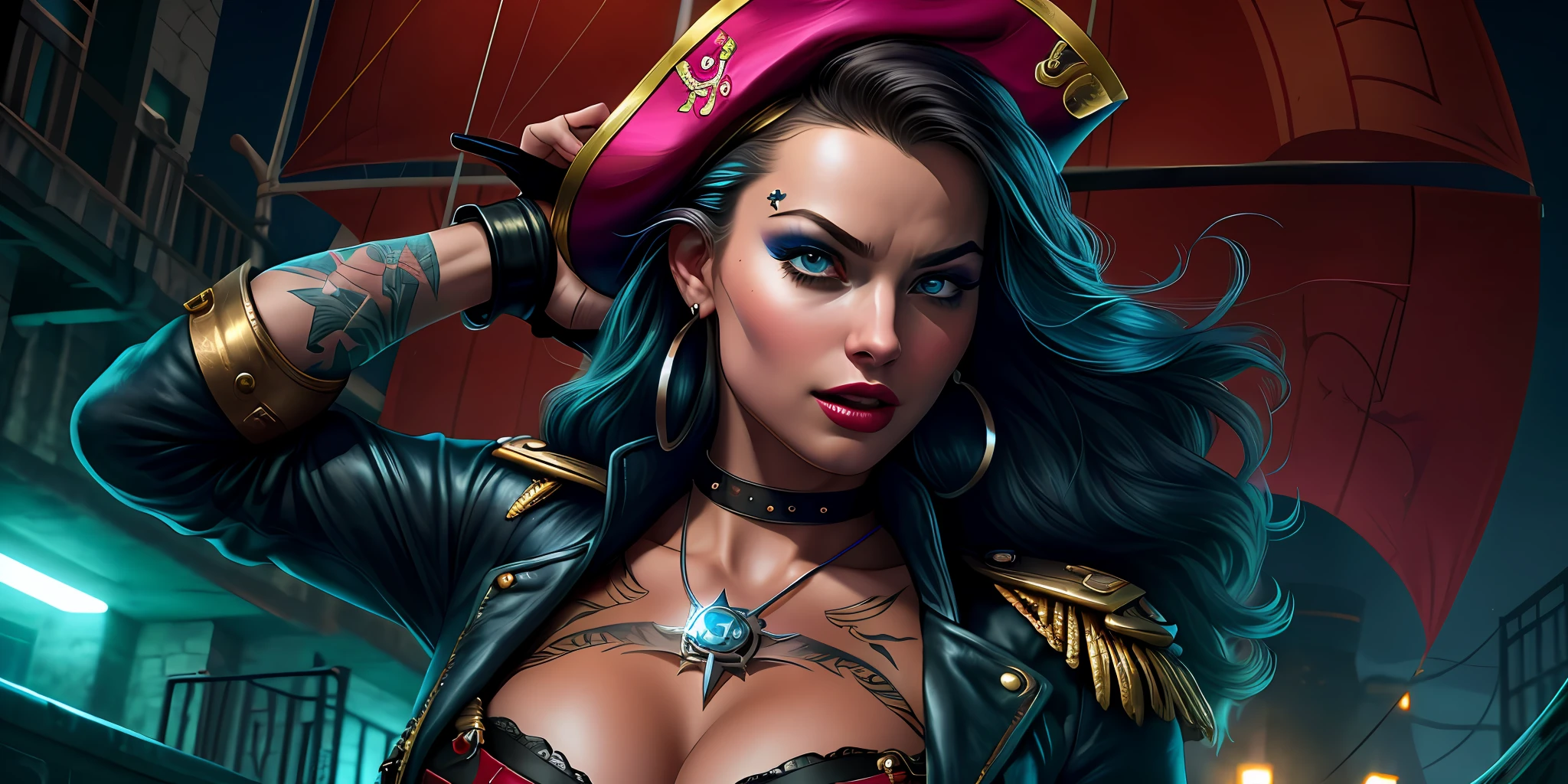 A fearless pirate captain with a series of intricate tattoos, commanding her ship during a thrilling adventure on the high seas, (Margot Robbie:0.8), closeup, shiny skin, vax, 3d, plastic, choker, earrings, eyelashes, eye shadow, lips, lipstick, jewelry, makeup, nose, lips parted, navel, beautiful blue eyes detailed, transparent, cheerful , detailed background, (night: 1.2), dark,  scary, dark city, alley, chased, danger, worried, afraid, stressed, action pose, hyper-realistic, amazing fine details, nikon d850 film stockphoto kodak portra 400 camera f1.6 lens, rich colors, realistic texture, dramatic lighting, unreal engine, trend in artstation, cinestill 800 tungsten