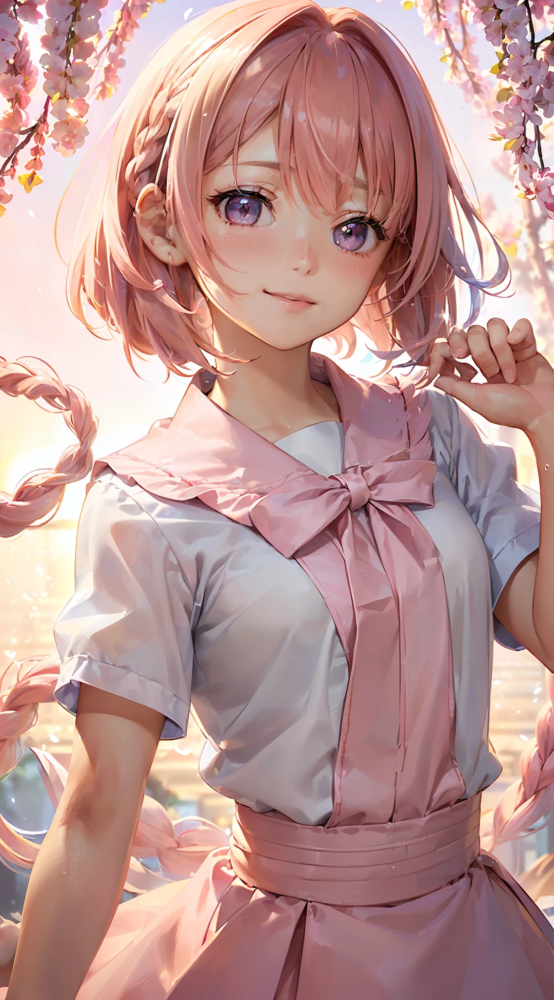 High resolution, ultra-detailed, ((((2D))), Japan person, 1 girl, 16-year-old high school girl, (((pink hair)), intricate and beautiful braided hairstyle, pink school uniform, uniform by designer, short sleeves, (bob hair), dull bangs, finely detailed eyes, golden ratio face, 8 lifents, sunlight, complex iridescent light grains, complex light reflection, beautiful petal shower, background blue sky, transparency, hidden beauty, Smiling, deep description, upper body, full of energy, looking at the viewer, fantastic description, complex attraction, tenderness overflowing from within, neon, beautiful fine petals or dancing, little skin exposure, dynamism, carefully drawn fingers, many flowers drawn, soft skin, heart ribbon,