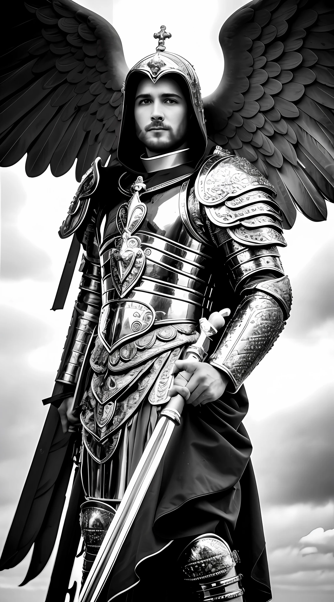 black and white photo in open field of St. Michael the Archangel with his celestial armor, with his large open left and right wings, hooded, half body, body, highly detailed skin, skin pores, coastline, cloudy weather, wind, waves, 8k uhd, Dslr, soft lighting, high quality, film grain, Fujifilm XT3