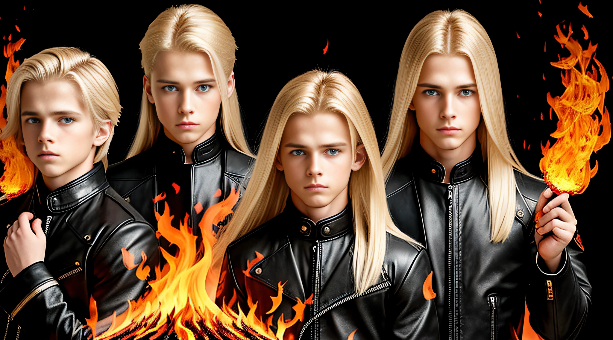 blonde haired boy with blue eyes and long blonde hair in a black leather jacket, straight hair, next gen, childish, boy's hair, three futuristic princes, by Mirabello Cavalori, by derek zabrocki, beautiful symmetrical faces, children, by Bernardino Mei, children, by Zahari Zograf, beautiful boys, digital art. realistic photo, twins, fire music photo, elemental, portraitPORTRAT STYLE, flames are glowing in the dark with a reflection of fire, fire flames, flames in the background, fire and flames, flames in the background, roaring place of fire, flames of fire in the background, flames in flames, background flames, red flames in the background, fire and flames and smoke, fire on fire, many flames, flame and fire, fire in the background, multiple flames