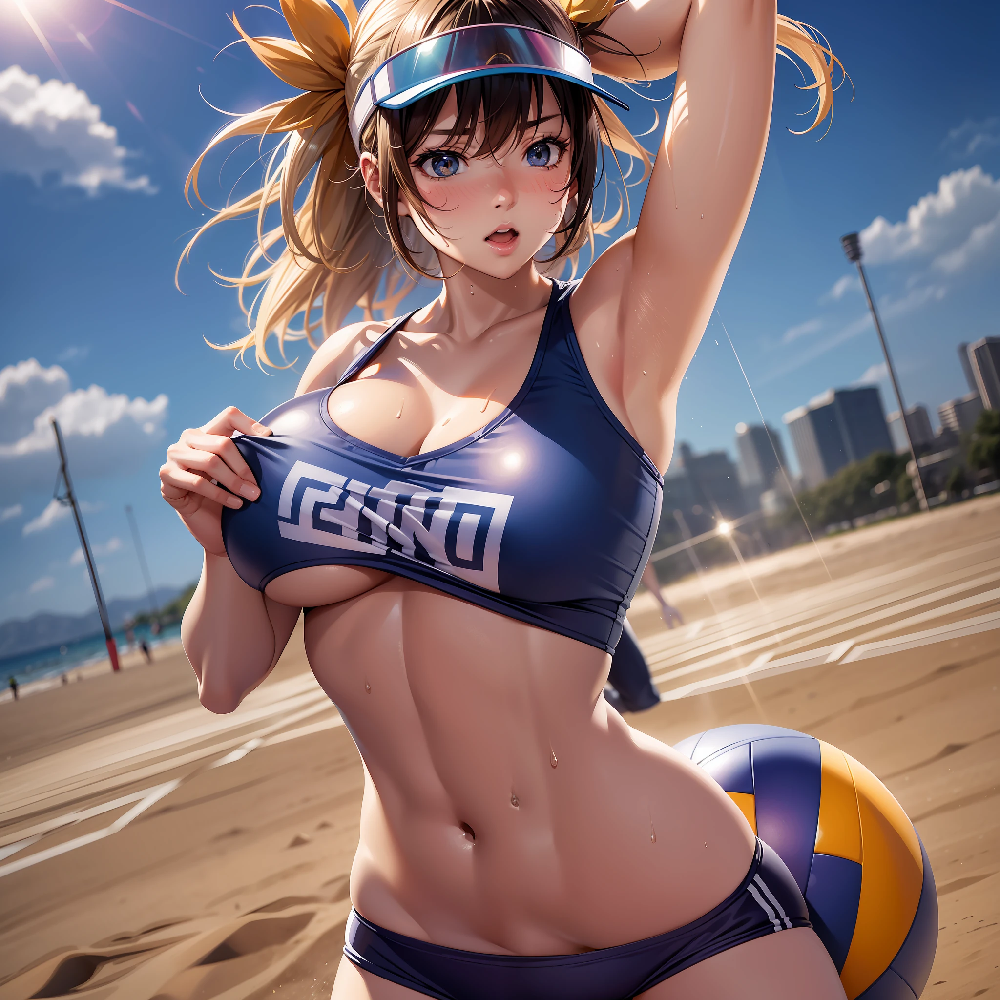 Professional women's photos, 1 girl, flirting, (shiny big), morning, sexy, playing volleyball, costume with logo, sand, backlight, (bangs), bloomers, (sweaty: 1.3), blurred background, sun visor, tan, no bra, (not mugiwara),