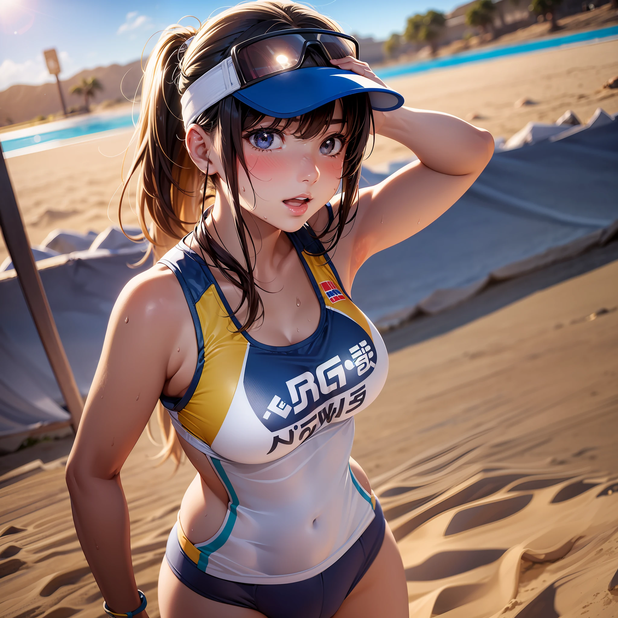 Professional women's photos, 1 girl, flirting, (shiny big), morning, sexy, playing volleyball, costume with logo, sand, backlight, (bangs), bloomers, (sweaty: 1.3), blurred background, sun visor, tan, no bra, (not mugiwara),