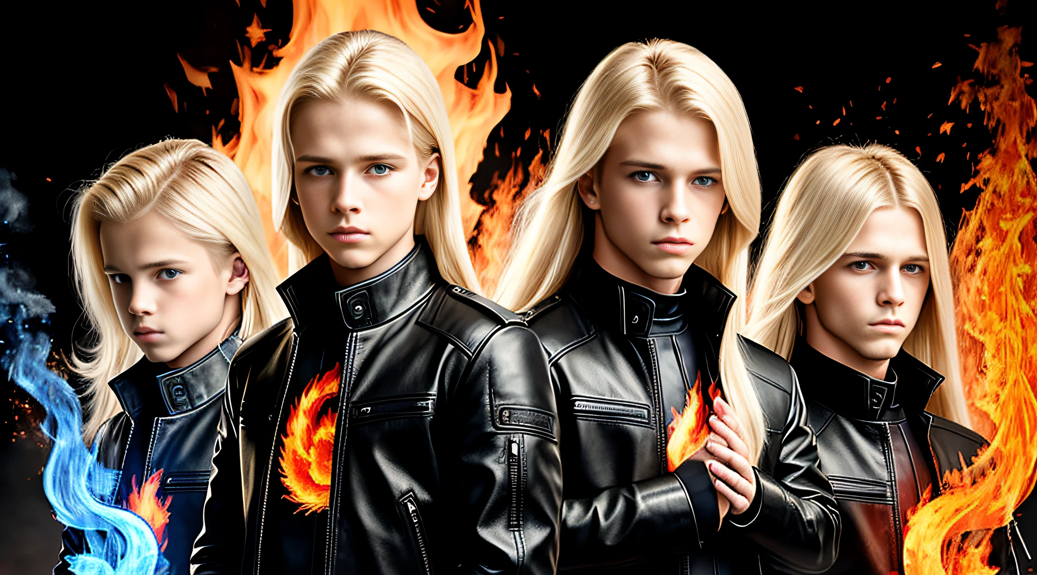 blonde haired boy with blue eyes and long blonde hair in a black leather jacket, straight hair, next gen, childish, boy's hair, three futuristic princes, by Mirabello Cavalori, by derek zabrocki, beautiful symmetrical faces, children, by Bernardino Mei, children, by Zahari Zograf, beautiful boys, digital art. realistic photo, twins, fire music photo, elemental, portraitPORTRAT STYLE, flames are glowing in the dark with a reflection of fire, fire flames, flames in the background, fire and flames, flames in the background, roaring place of fire, flames of fire in the background, flames in flames, background flames, red flames in the background, fire and flames and smoke, fire on fire, many flames, flame and fire, fire in the background, multiple flames
