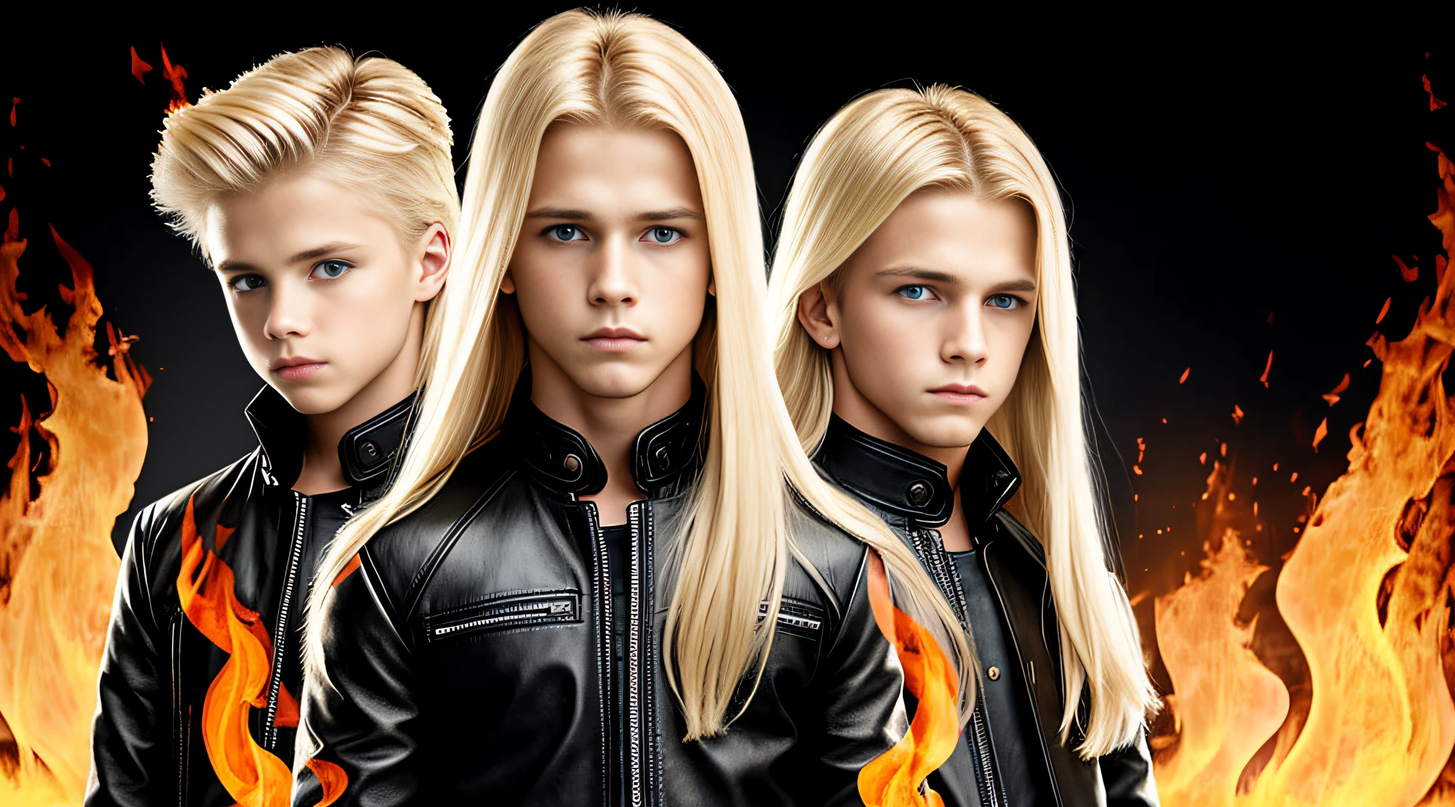 blonde haired boy with blue eyes and long blonde hair in a black leather jacket, straight hair, next gen, childish, boy's hair, three futuristic princes, by Mirabello Cavalori, by derek zabrocki, beautiful symmetrical faces, children, by Bernardino Mei, children, by Zahari Zograf, beautiful boys, digital art. realistic photo, twins, fire music photo, elemental, portraitPORTRAT STYLE, flames are glowing in the dark with a reflection of fire, fire flames, flames in the background, fire and flames, flames in the background, roaring place of fire, flames of fire in the background, flames in flames, background flames, red flames in the background, fire and flames and smoke,  fire on fire, many flames, flame and fire, fire in the background, multiple flames