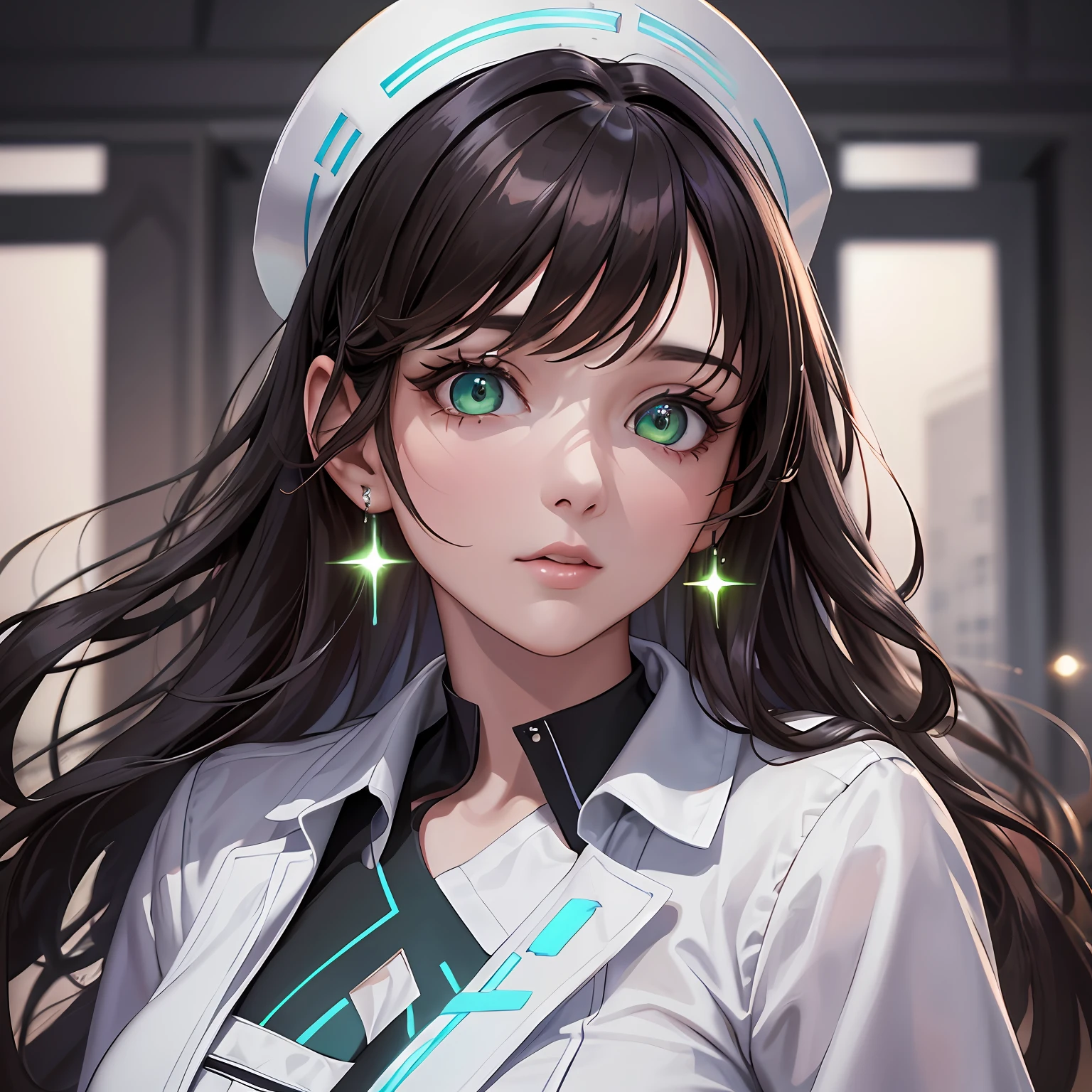 (work of art), (masterpiece), (amazing work), (magnificent work), (amazing art), (best quality, best desinger, best illustration: 1.2), (better graphics quality), (extremely detailed eyes), (detailed eyes), (artwork:1.1), A beautiful young woman with long brown hair with bangs, (pearly, sparkling, bioluminescent, glowing green eyes), (extremely detailed CG 8k unity wallpaper), hospital backdrop, with indirect cinematic studio linear lighting, she is wearing nursing clothes, with a nursing hat, white, beautiful, porcelain skin.