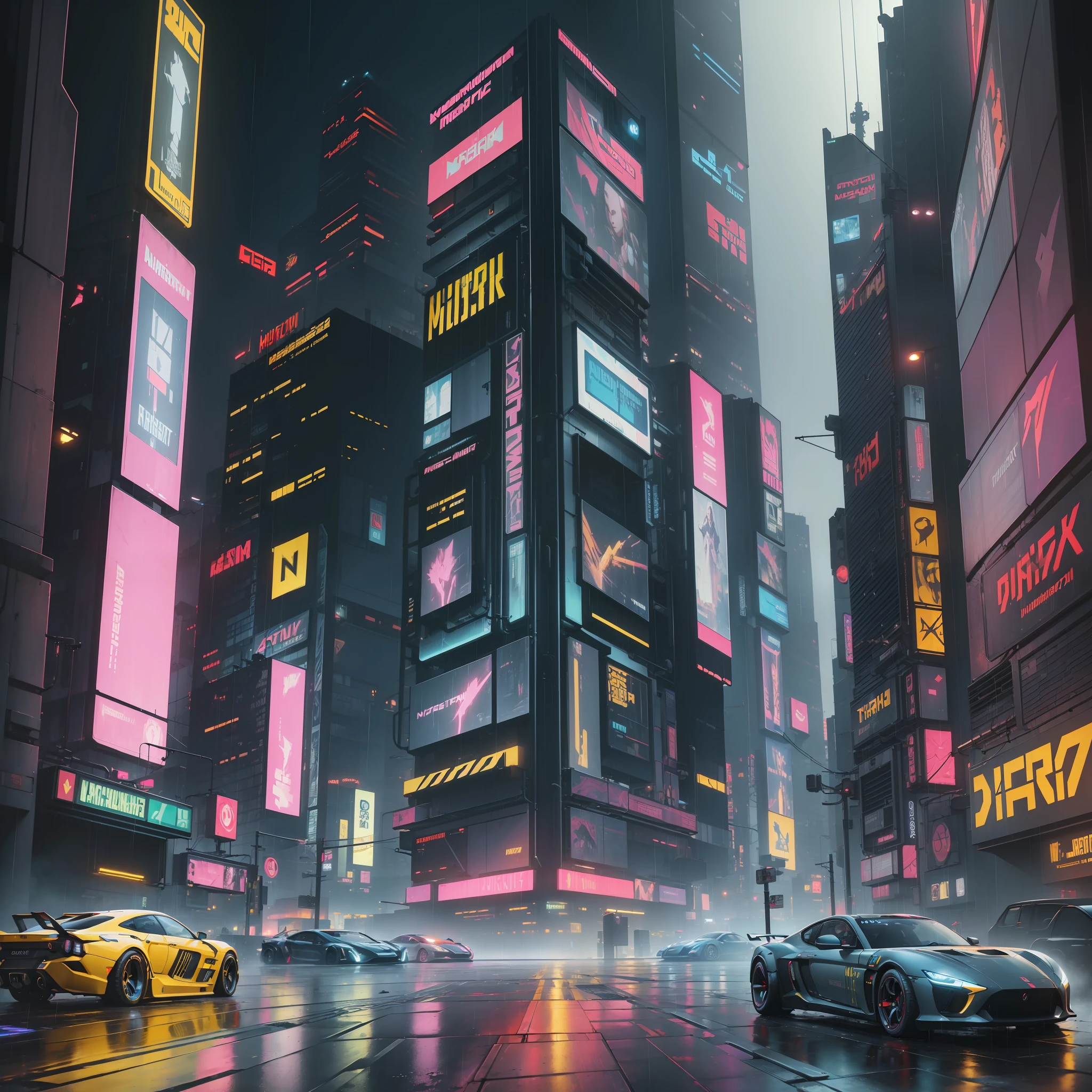 ((masterpiece, best quality, cyberpunk, night, rain)), (landscape), photo realistic, hyper detailed photo, 8k, cyberpunk 2077 vibe, night city, cyberpunk game