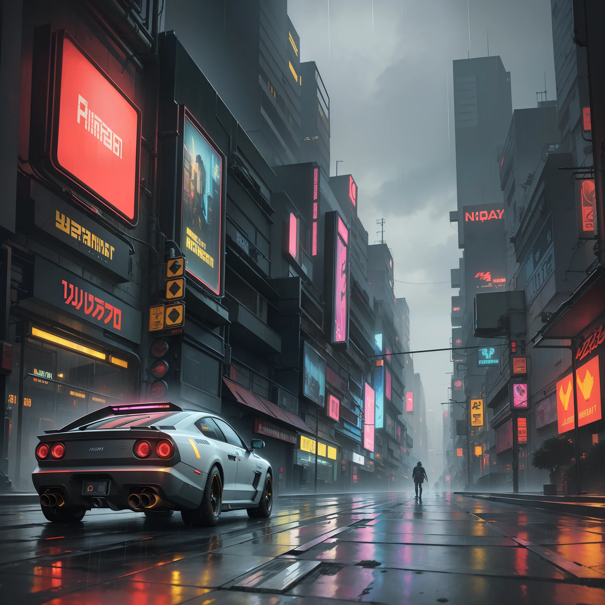 ((masterpiece, best quality, cyberpunk, night, rain)), (landscape), photo realistic, hyper detailed photo, 8k, cyberpunk 2077 vibe, night city, cyberpunk game