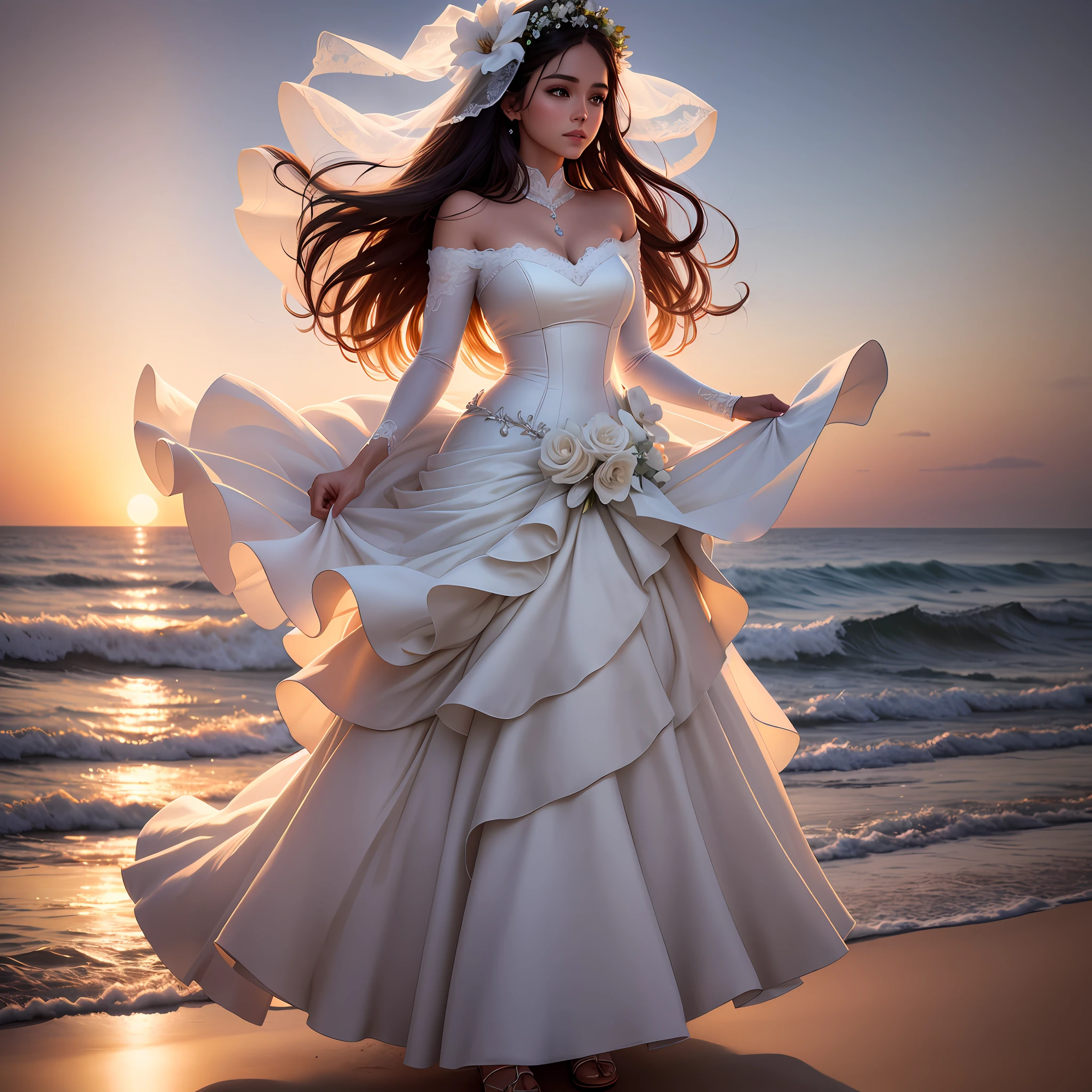 A beautiful and beautiful bride, wedding, perfect white wedding dress, beautiful, charming, beach setting, sunset, realistic cinematic, 4k wallper, phothograph