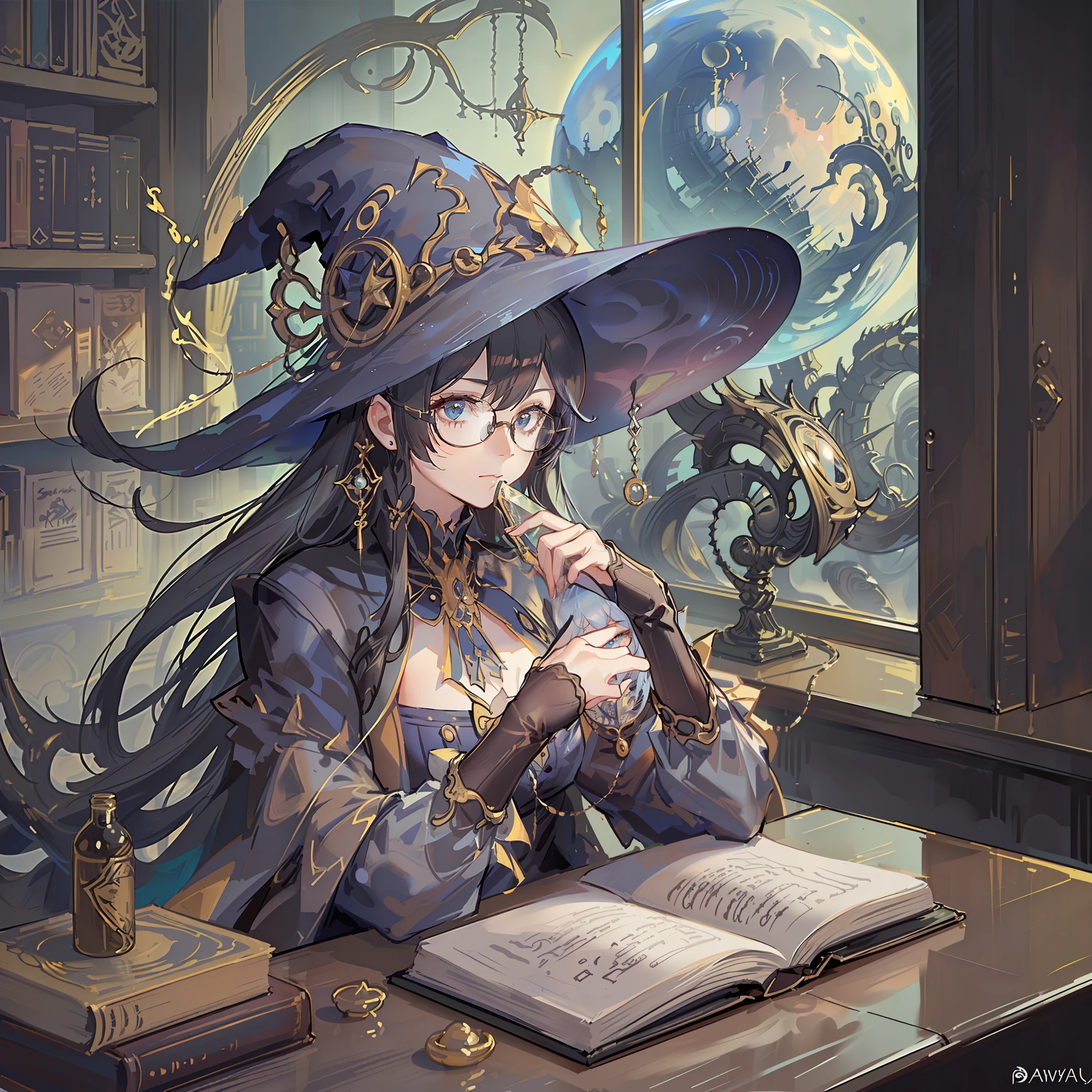 a witch that's sitting in a library and holding a book in only two hands that each have four fingers and one thumb. Her glasses are round as she stares out a window as a cosmic planetary sky is in the background