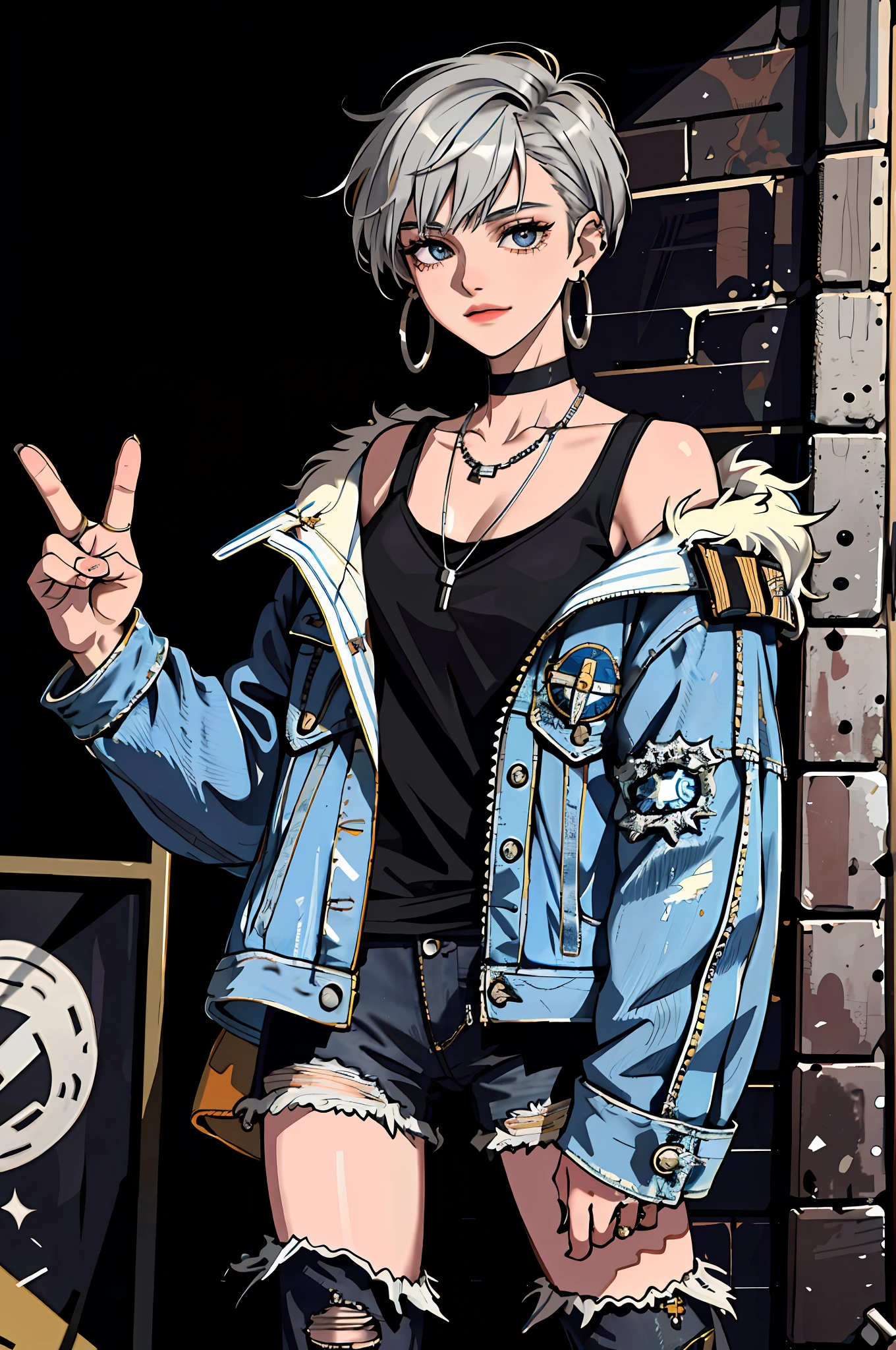 (masterpiece:1.2, best quality), (1lady, solo, upper body:1.2), Hair: buzz cut, Clothing: oversized, distressed denim jacket with patches and pins, paired with black skinny jeans and combat boots, Accessories: silver hoop earrings and a black choker necklace, Hanging out in an underground music venue or street art exhibit