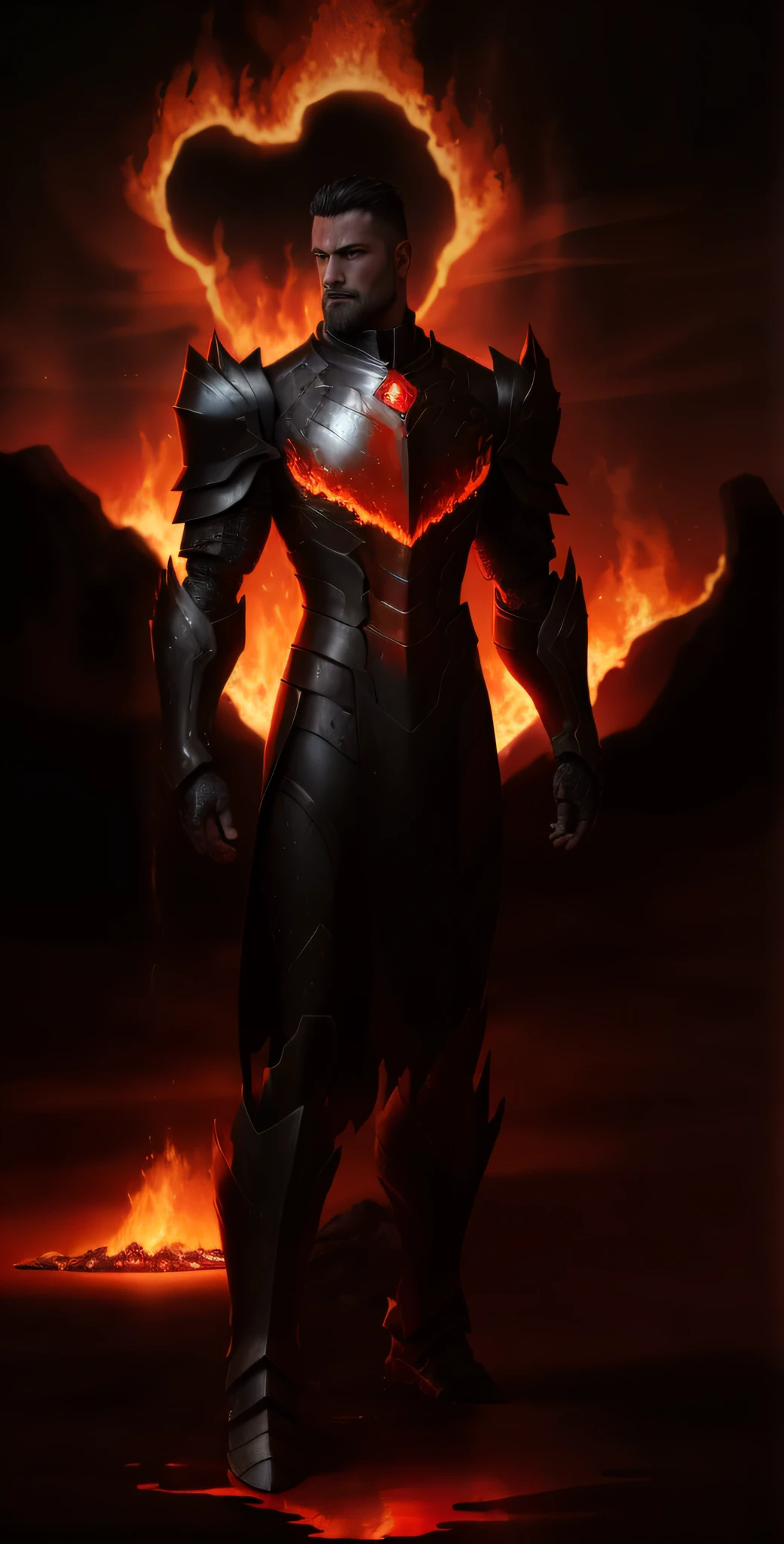 a man in armor standing in front of a fire, black fire color reflected armor, flame conjuring armored, burnt armor, lord of cinder, flames around body, fire elemental, fire!! full body, fire mage, cybernetic fire armor, appears as the fire goddess, fire giant, body with black and red lava, draconic looking armor