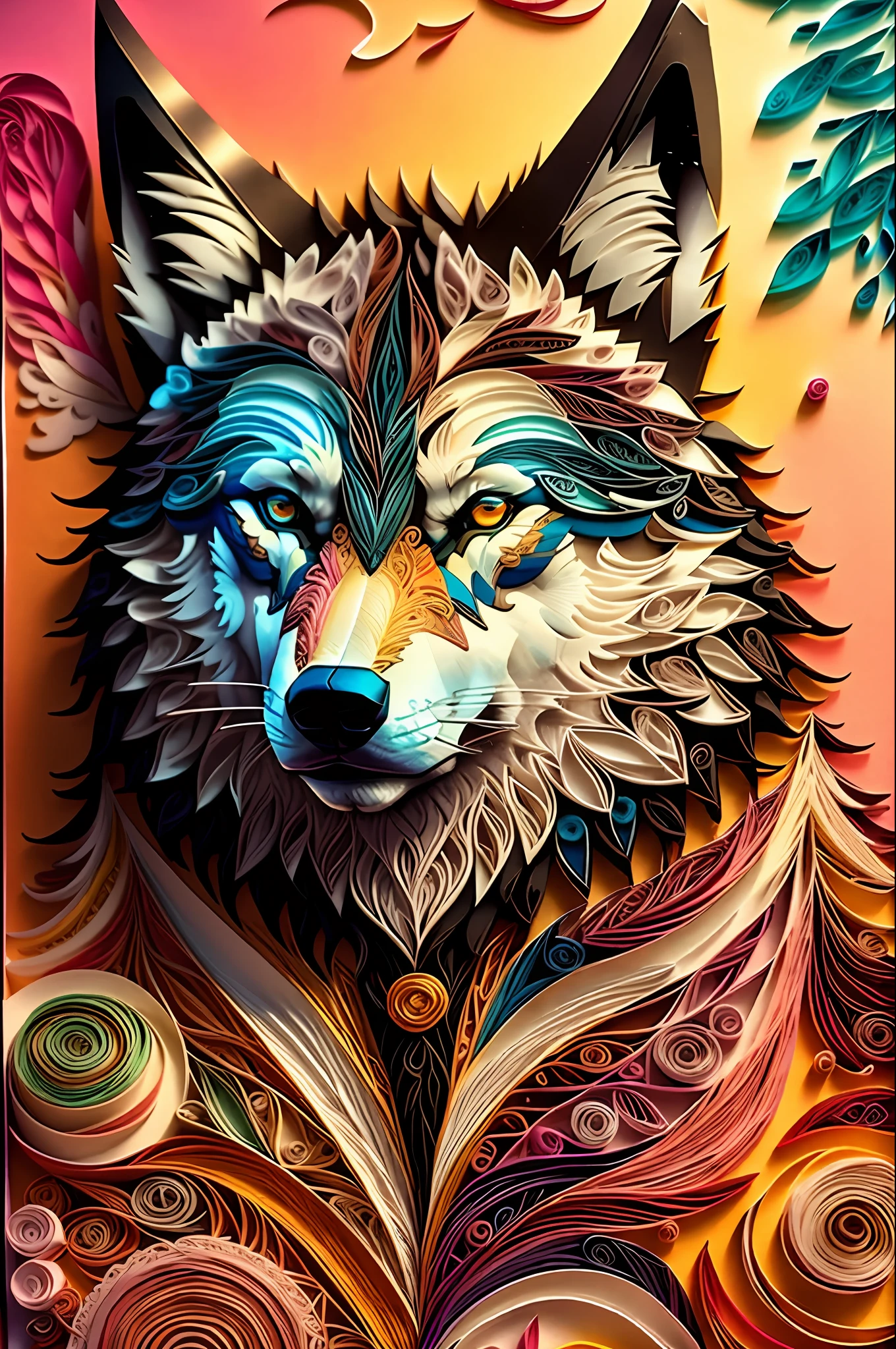 wolf,multi dimensional paper quilling, art, chibi,
yang08k,  beautiful,  colorful,
masterpieces, top quality, best quality, official art, beautiful and aesthetic,