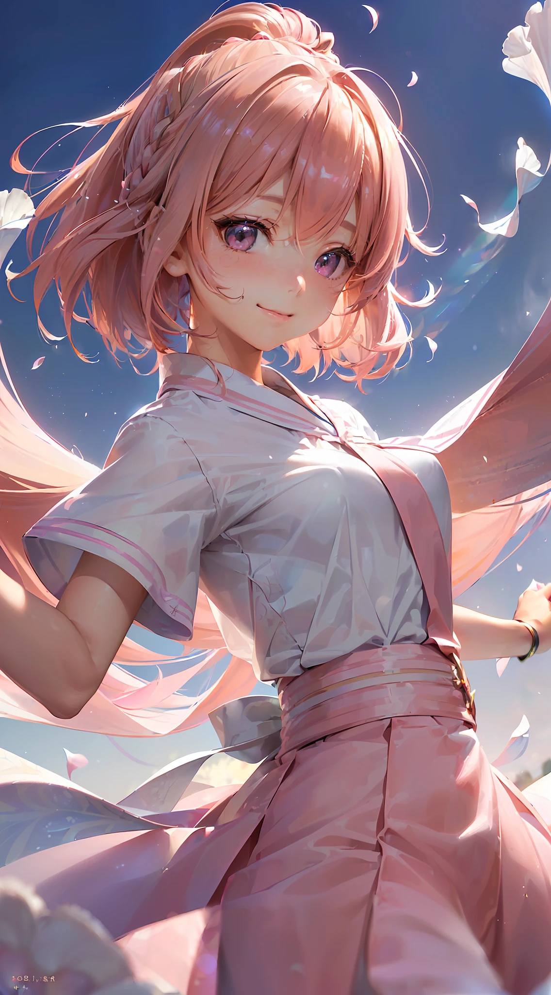High resolution, ultra-detailed, ((((2D))), Japan person, 1 girl, 16-year-old high school girl, (((pink hair)), intricate and beautiful braided hairstyle, pink school uniform, uniform by designer, short sleeves, (bob hair), dull bangs, finely detailed eyes, golden ratio face, 8 lifents, sunlight, complex iridescent light grains, complex light reflection, beautiful petal shower, background blue sky, transparency, hidden beauty, Smiling, deep description, upper body, full of energy, looking at the viewer, fantastic description, complex attraction, tenderness overflowing from within, neon, beautiful fine petals or dancing, little skin exposure, dynamism, carefully drawn fingers, many flowers drawn, soft skin, heart ribbon,