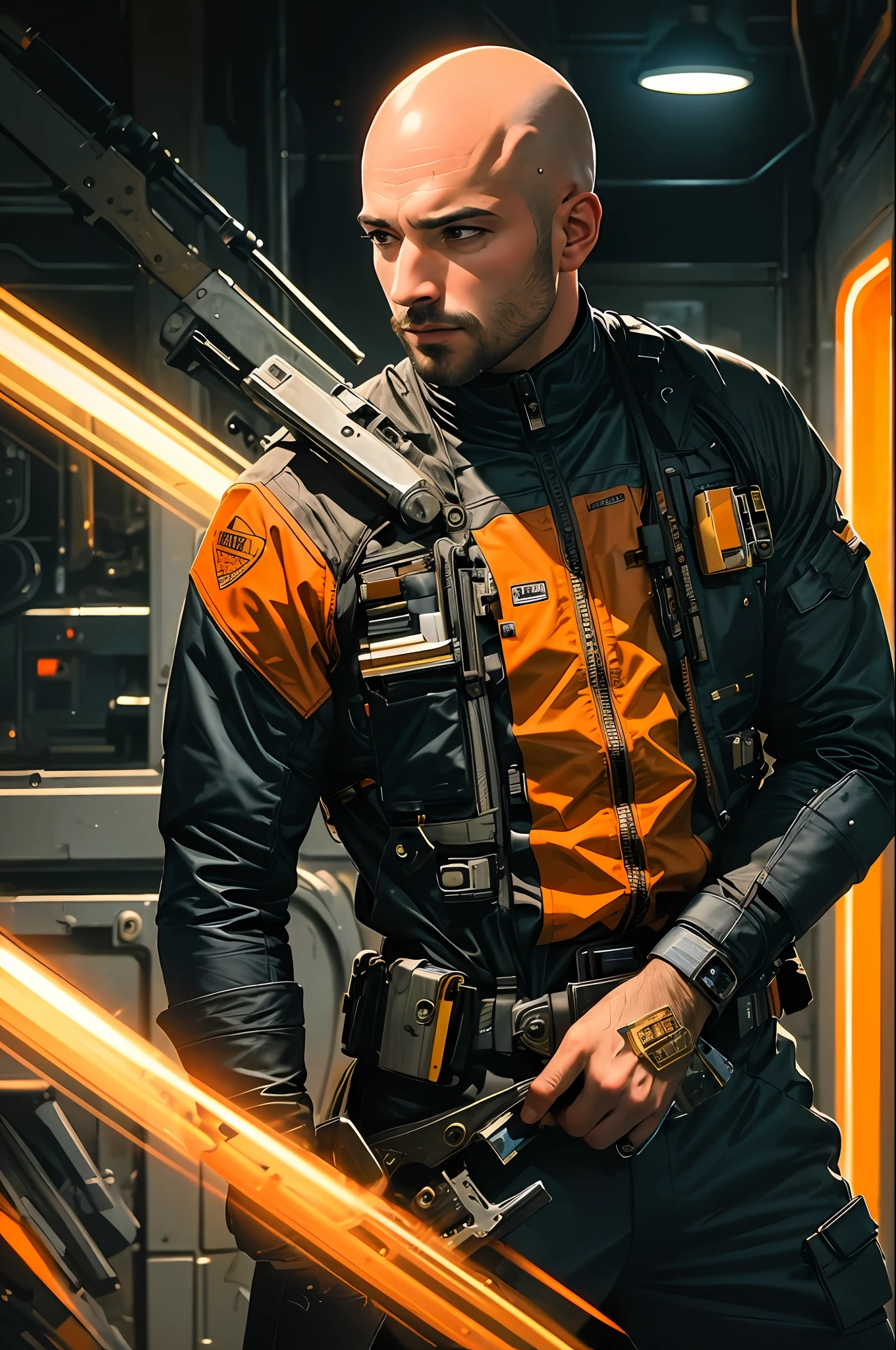 (masterpiece, top quality, best quality, official art, beautiful and aesthetic: 1.2), bald man 31 years, flavio mazy, upper body, full black suit, room full of weapons, orange taillight,
