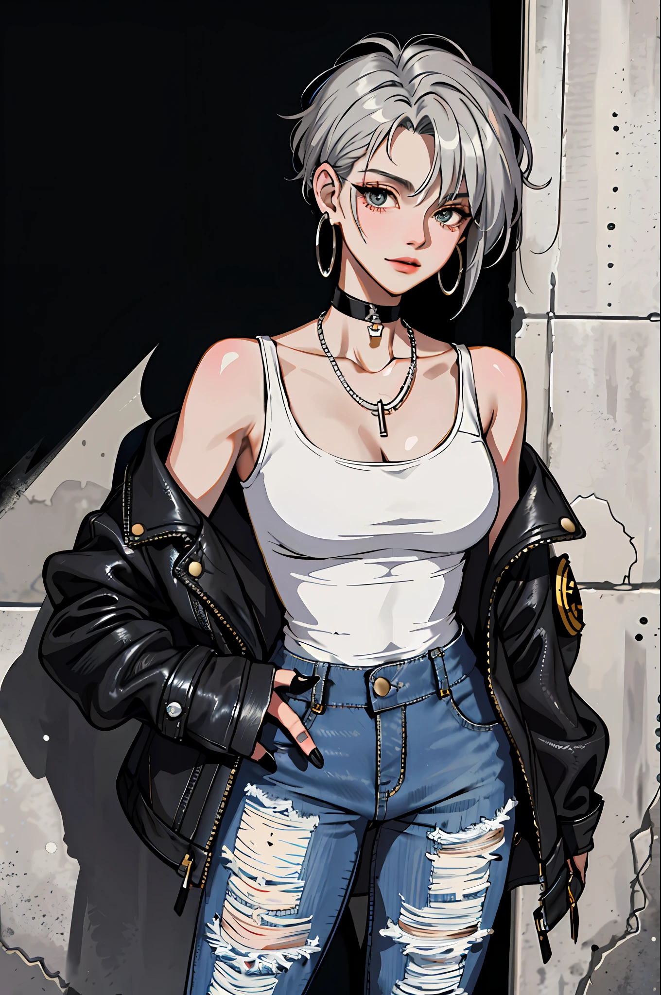 (masterpiece:1.2, best quality), (1lady, solo, upper body:1.2), Hair: buzz cut, Clothing: oversized, distressed denim jacket with patches and pins, paired with black skinny jeans and combat boots, Accessories: silver hoop earrings and a black choker necklace, Hanging out in an underground music venue or street art exhibit