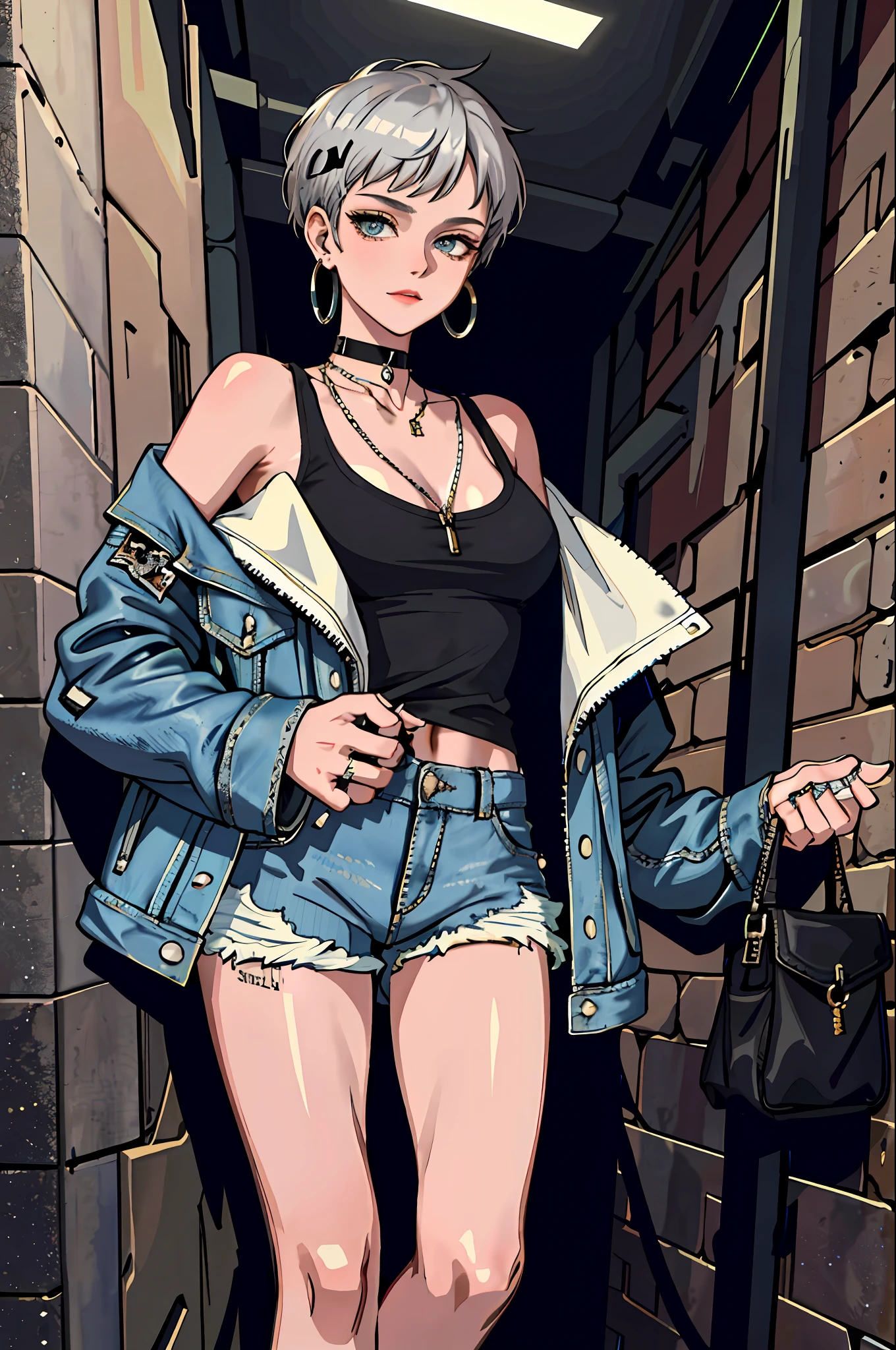 (masterpiece:1.2, best quality), (1lady, solo, upper body:1.2), Hair: buzz cut, Clothing: oversized, distressed denim jacket with patches and pins, paired with black skinny jeans and combat boots, Accessories: silver hoop earrings and a black choker necklace, Hanging out in an underground music venue or street art exhibit