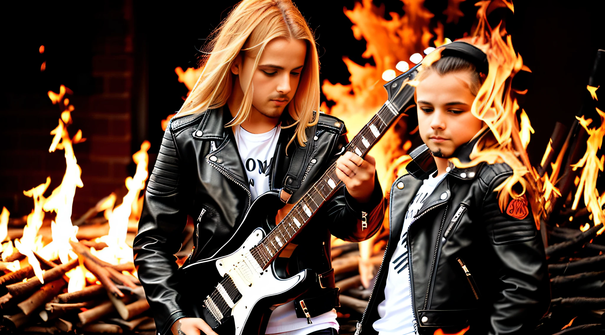 3 girls blonde children WITH STRAIGHT HAIR, BLACK LEATHER JACKET AND BLACK CLOTHING. PORTRAT STYLEwith guitar, flames are glowing in the dark with a reflection of fire, flames of fire, flames in the background, fire and flames, flames in the background, place of fire roaring, flames of fire in the background, flames in flames, flames in the background, red flames in the background, fire and flames and smoke, fire in flames, many flames, flame and fire, fire in the background, Multiple flames
