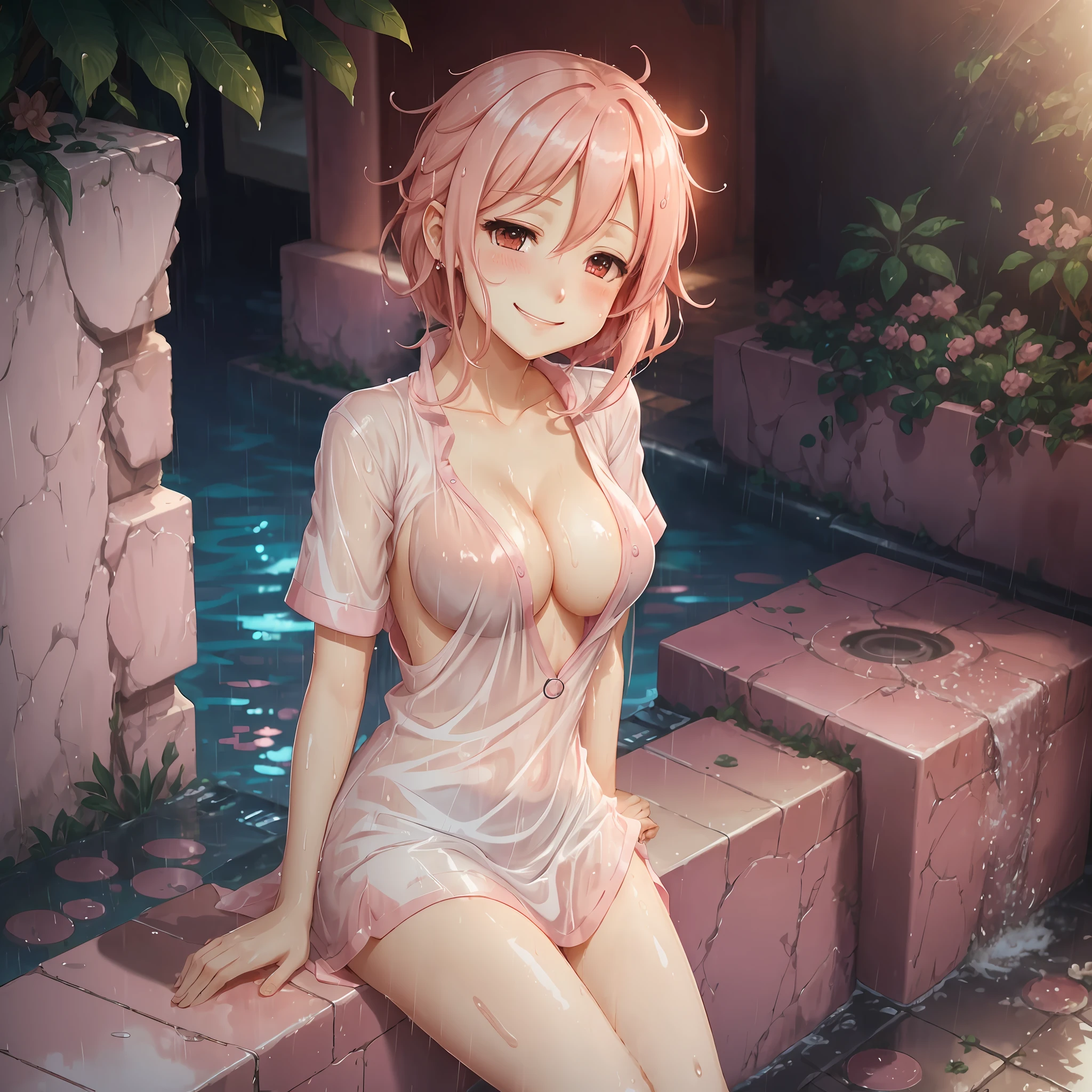 (4k, best quality) pink haired anime girl, with white short dress, wet from rain, smiling,  outline --auto --s2