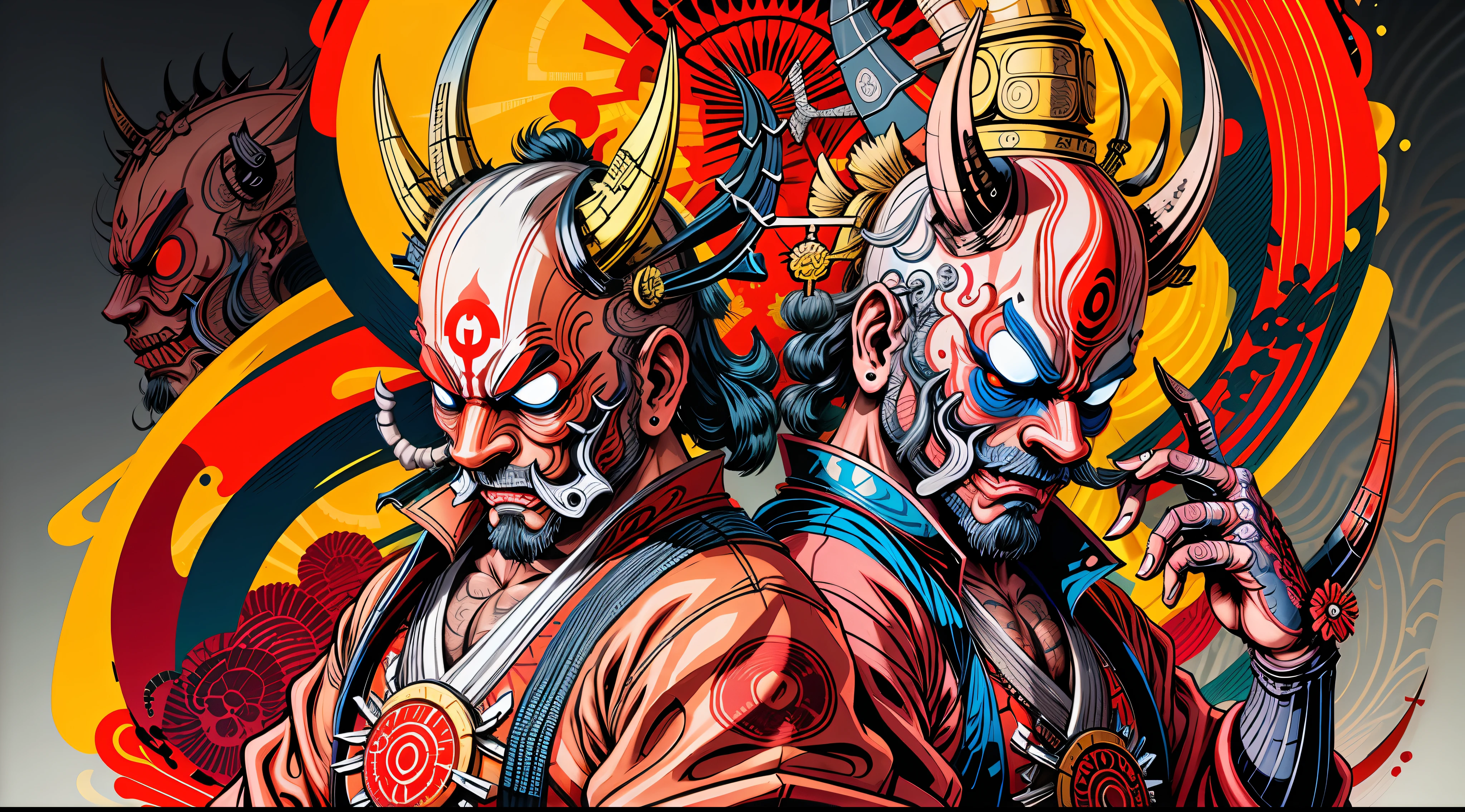 Hannya style 0mib mask, illustrator, masterpiece, high quality, 8k, high resolution, high detailed, Japanese, samurai, blue and yellow