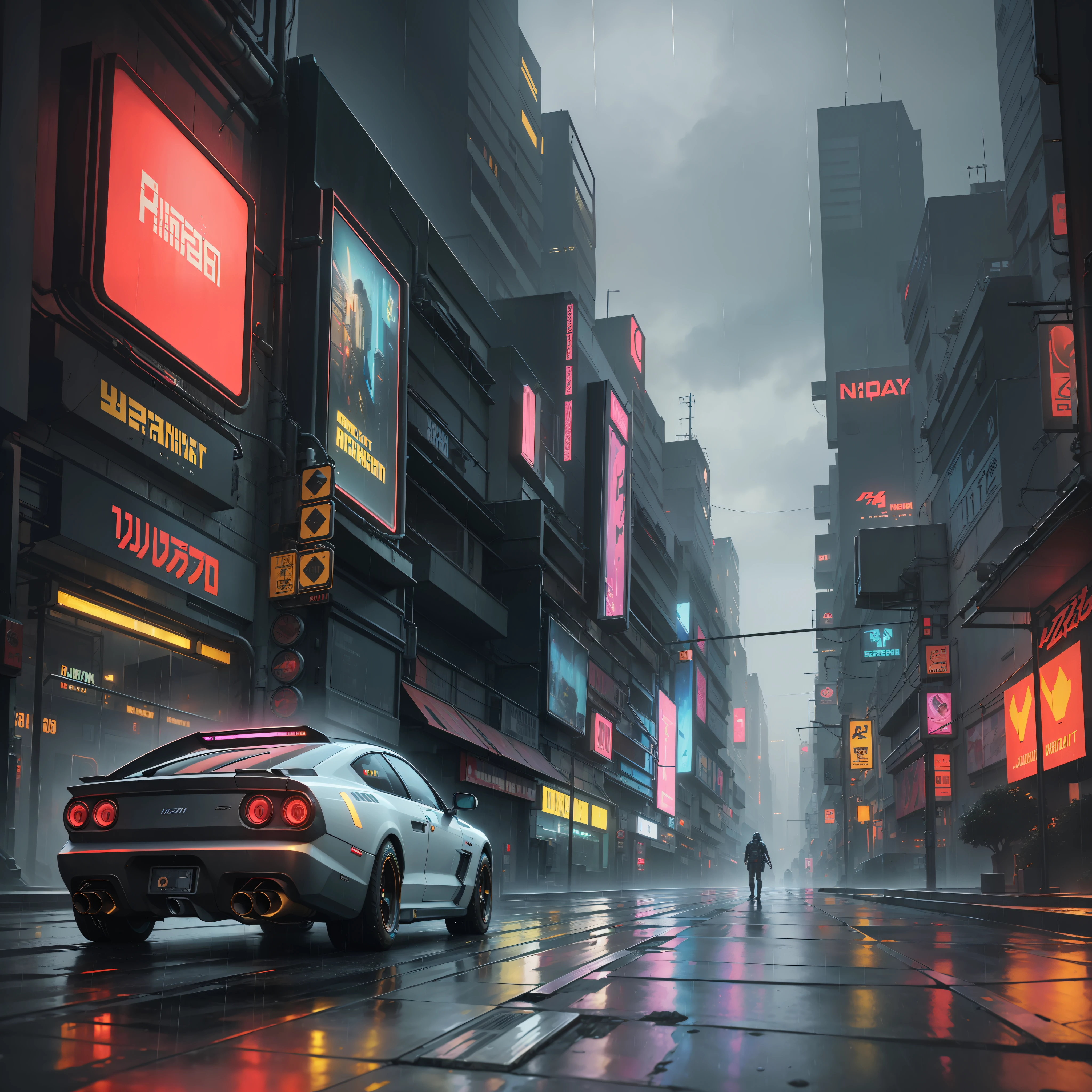 ((masterpiece, best quality, cyberpunk, night, rain)), (landscape), photo realistic, hyper detailed photo, 8k, cyberpunk 2077 vibe, night city, cyberpunk game