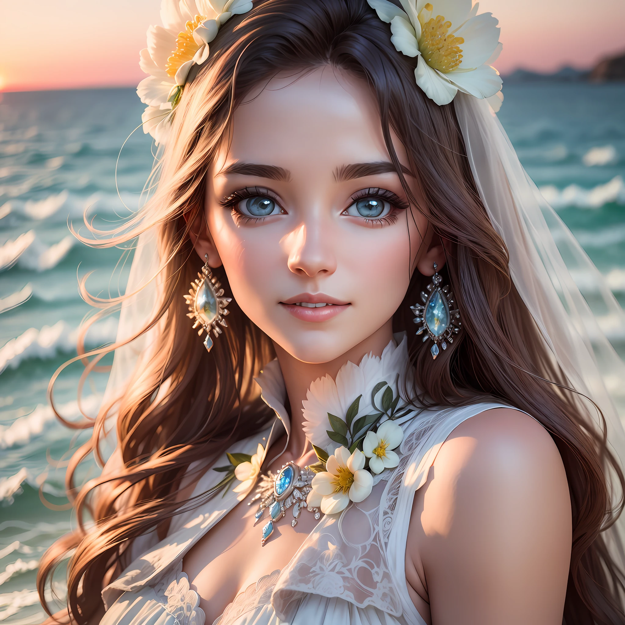 A beautiful and beautiful bride, wedding, perfect white wedding dress, magnificent, composite, beautiful, charming, cheerful expression, charming look, natural beauty, beach scenery, sunset, realistic cinematic, detailed image, 4k wallper, phothograph