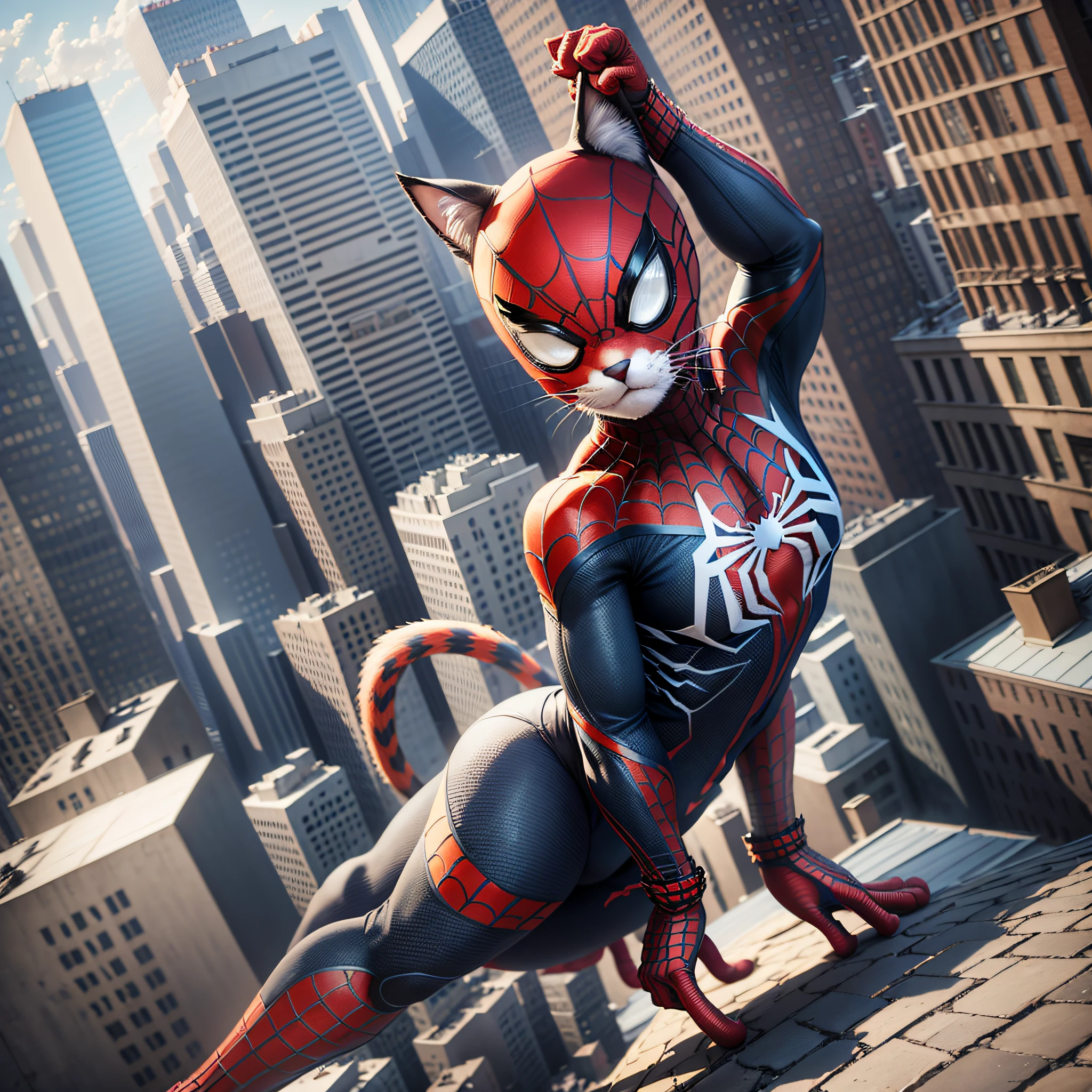 Cat with spider man outfit, cute, very well detailed, very well shaded, surrounded by buildings, flying, no people around, 8k, best quality --auto --s2