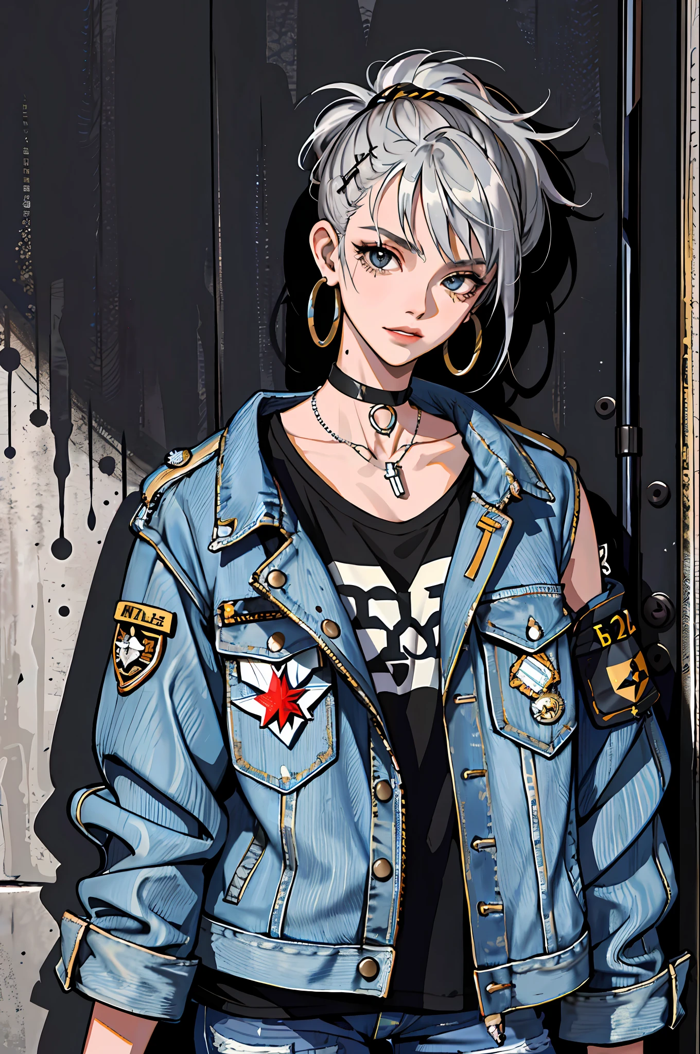 (masterpiece:1.2, best quality), (1lady, solo, upper body:1.2), Hair: buzz cut, Clothing: oversized, distressed denim jacket with patches and pins, paired with black skinny jeans and combat boots, Accessories: silver hoop earrings and a black choker necklace, Hanging out in an underground music venue or street art exhibit
