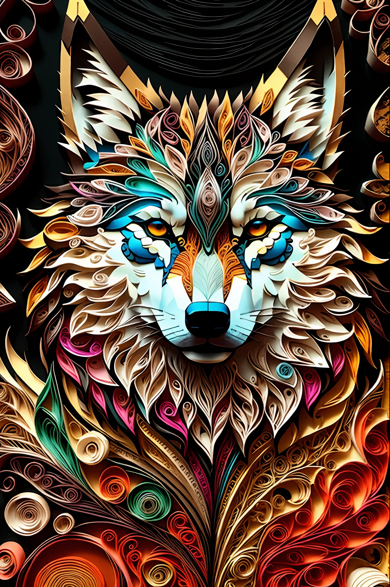 wolf,multi dimensional paper quilling, art, chibi,
yang08k,  beautiful,  colorful,
masterpieces, top quality, best quality, official art, beautiful and aesthetic,