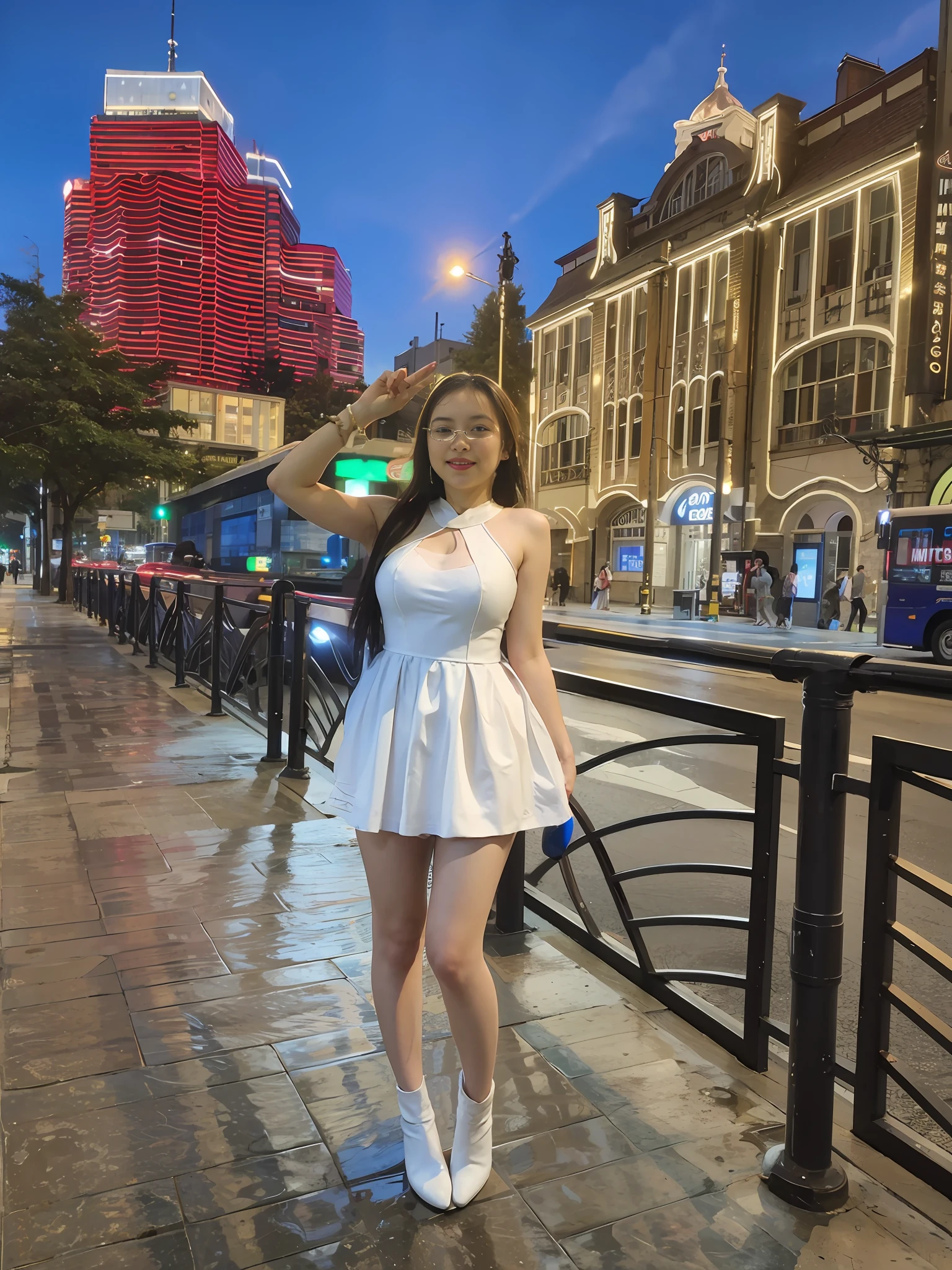 araffe woman in a white dress posing on a sidewalk, in city street, wearing a cute white dress, wearing a wet white short dress, wearing white dress, standing in a city center, in city street at night, taken in 2 0 2 0, f / 1. 9 6. 8 1 mm iso 4 0, full body cute young lady