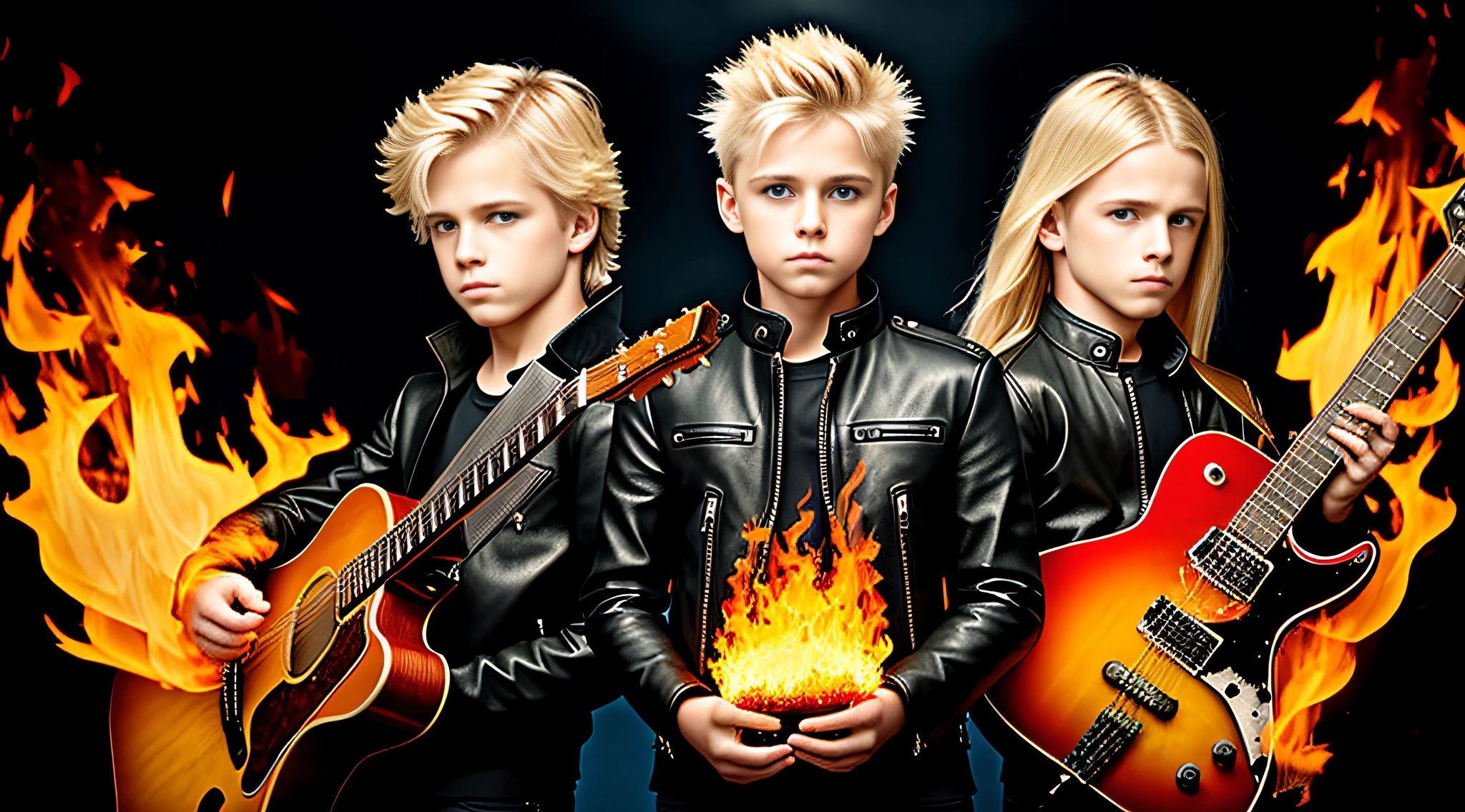 Blonde haired boy with blue eyes and long blonde hair in a black leather jacket with guitar, straight hair, next gen, childish, boy hair, three futuristic princes, by Mirabello Cavalori, by derek zabrocki, beautiful symmetrical faces, children, by Bernardino Mei, children, by Zahari Zograf, beautiful boys, digital art. realistic photo, twins, fire music photo, elemental, portraitPORTRAT STYLE, flames are glowing in the dark with a reflection of fire, fire flames, flames in the background, fire and flames, flames in the background, roaring place of fire, flames of fire in the background, flames in flames, background flames, red flames in the background, fire and flames and smoke, fire on fire, many flames, flame and fire, fire in the background, multiple flames