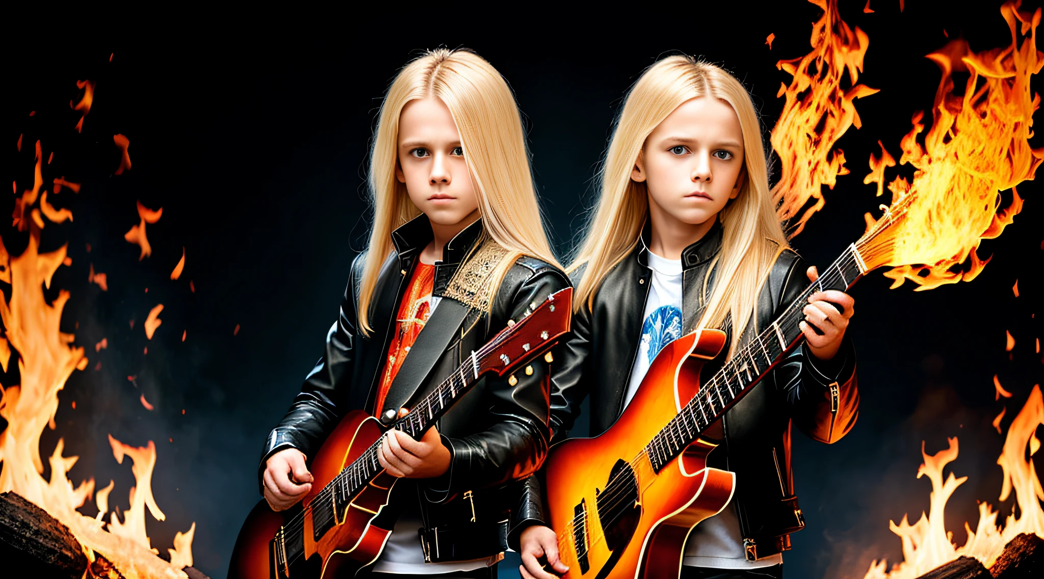 Blonde haired boy with blue eyes and long blonde hair in a black leather jacket with guitar, straight hair, next gen, childish, boy hair, three futuristic princes, by Mirabello Cavalori, by derek zabrocki, beautiful symmetrical faces, children, by Bernardino Mei, children, by Zahari Zograf, beautiful boys, digital art. realistic photo, twins, fire music photo, elemental, portraitPORTRAT STYLE, flames are glowing in the dark with a reflection of fire, fire flames, flames in the background, fire and flames, flames in the background, roaring place of fire, flames of fire in the background, flames in flames, background flames, red flames in the background, fire and flames and smoke,  fire on fire, many flames, flame and fire, fire in the background, multiple flames