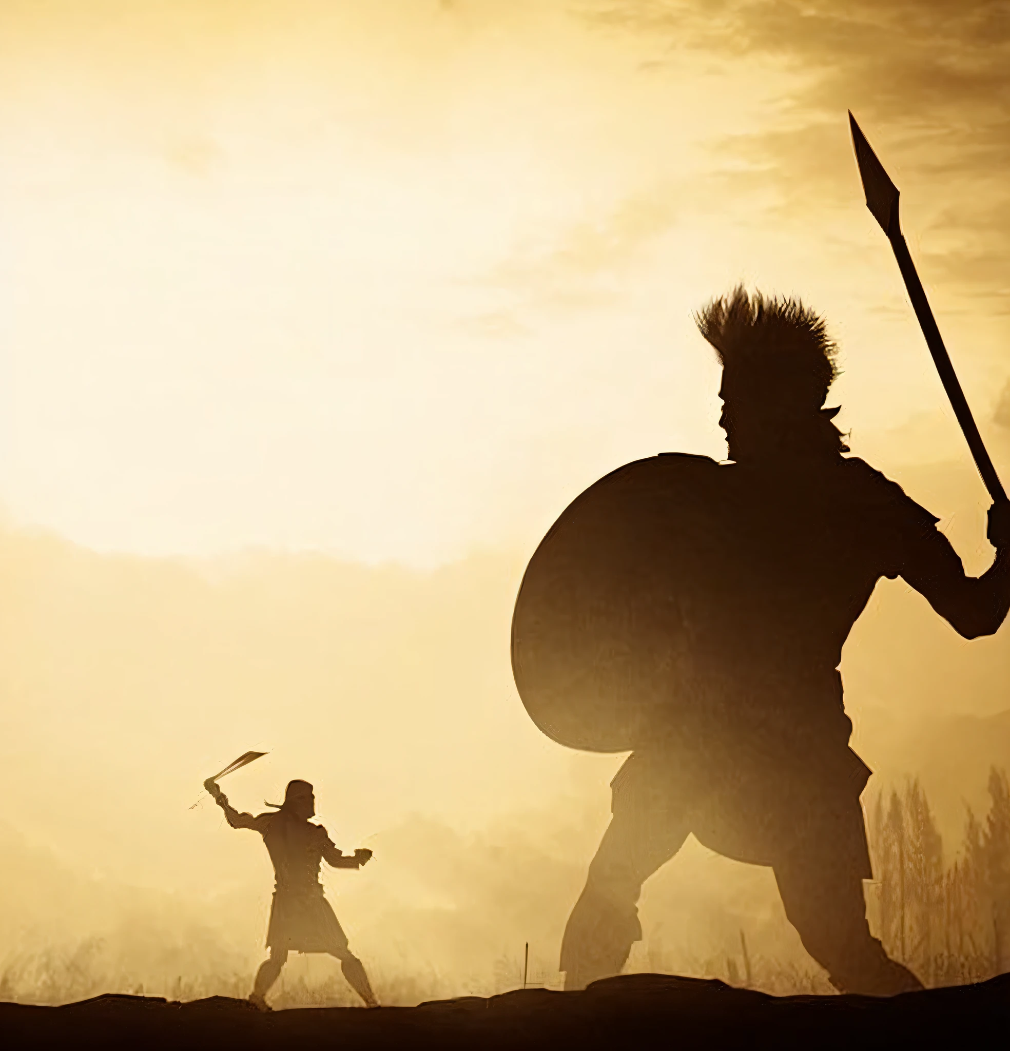 Image of a young man and a giant in silhouette with a spear and shield, David and Goliath, leading a battle, warrior fighting in a dark scene, holding a shield and gladium, leading Spartans into battle, epic battle scene, mighty warrior, battle between good and evil, man holding spear, painting of Goliath,  Holding a spear, an epic Viking battle scene,ultra realistic image image in 4K --auto --s2