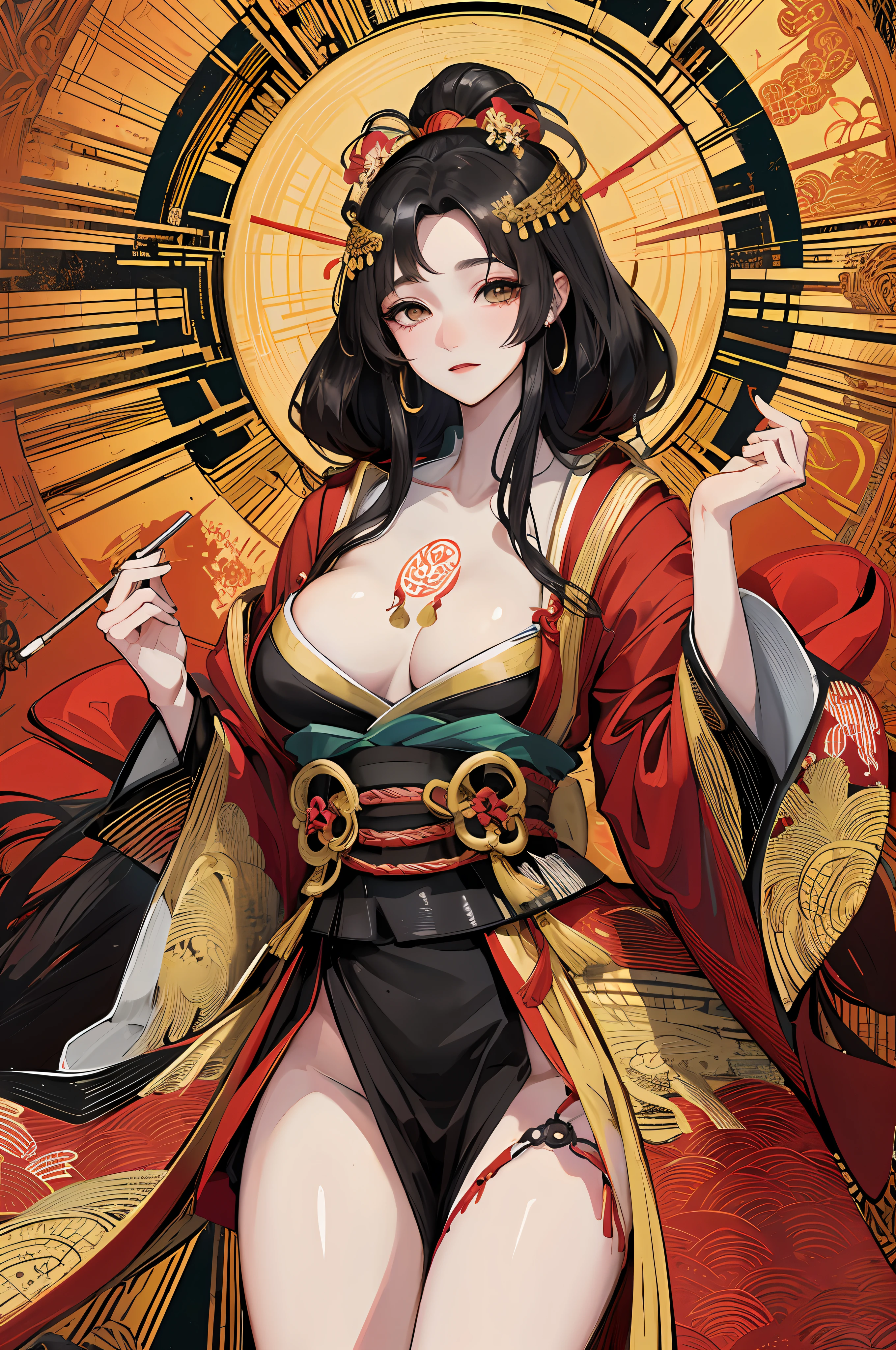 Amaterasu, goddess of the sun, incarnation of the sun, supreme god of Japan, ruler of Takamagahara and the deification of the sun. The ancestor of the Japanese emperor, the supreme god of Shinto in Japan, the incarnation of Ōichiru, cherry blossoms, ((normal breasts)), (human wife), indifference, extreme majesty, Golden eyes, Japanese makeup, kneeling, creating a glorious atmosphere, radiant sky, fair skin, long black hair, sun tattoo on chest, eight-foot qionggouyu, mother, (extremely gorgeous wide kimono, wide sleeves), clogs, white foot bags, perfect legs, ancient Japanese clothing, gorgeous gold belt, (a large number of luxurious Japanese accessories), Perfect flesh full of texture, , searing rendering effect, jaw-dropping, captivating visual enjoyment, ((best quality)), ((masterpiece)), maximum definition, 8K wallpaper, official art, multi-layered texture , super detailed, illustration, (super detailed face), (perfect face), clear texture, fine texture, ultra-high-definition detail display, excellent image performance, high-quality illustration, perfectly fit harmonious tone, deep lines, precise brush strokes, with a strong sense of three-dimensionality and delicate wear, Wonderful color scheme, intricate details