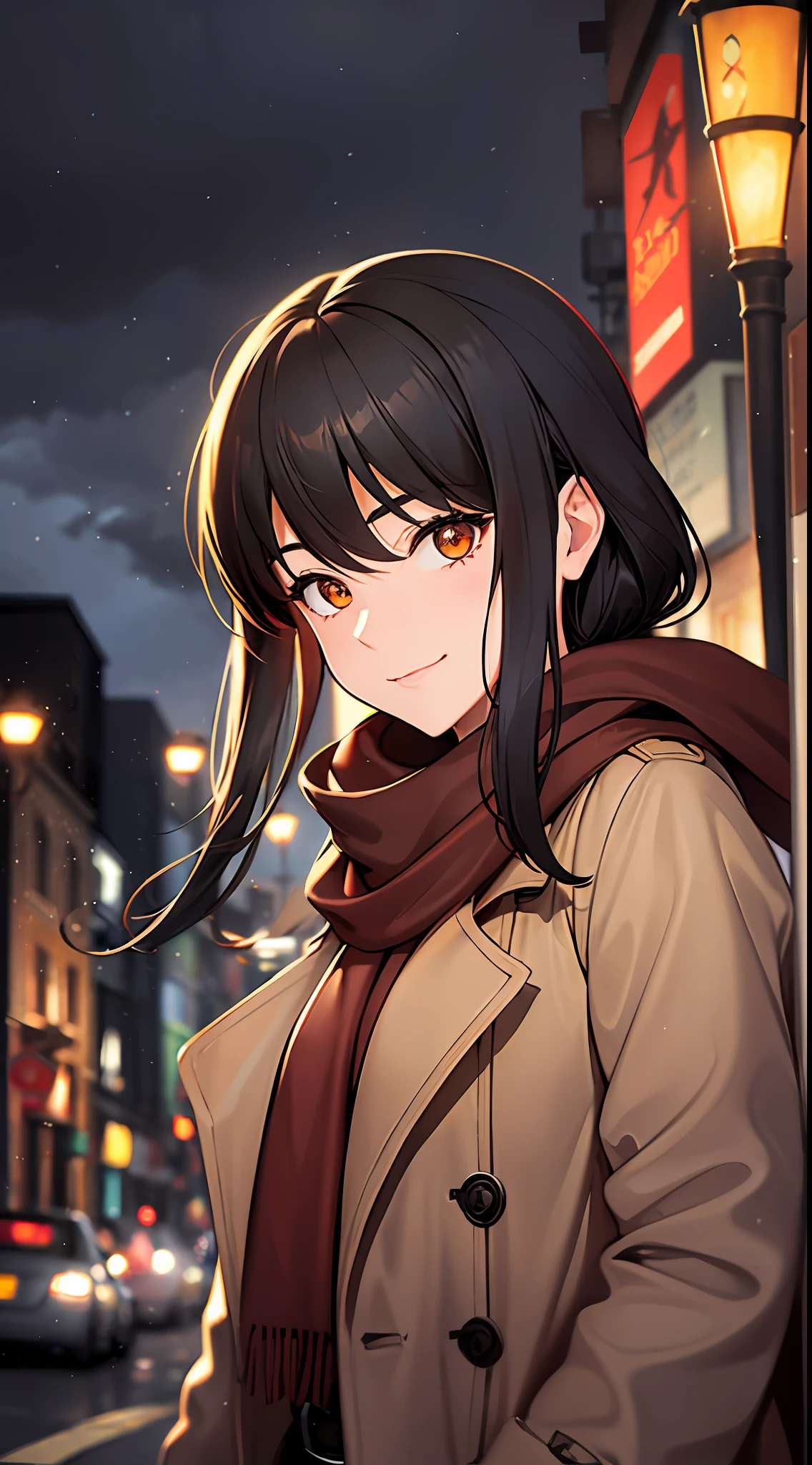 A girl with black hair and brown eyes standing under a streetlight, sly smile, long brown trenchcoat, flowing red scarf, windy weather, mysterious eyes, masterpiece, super detailed, epic composition, super HD, high quality, extremely detailed