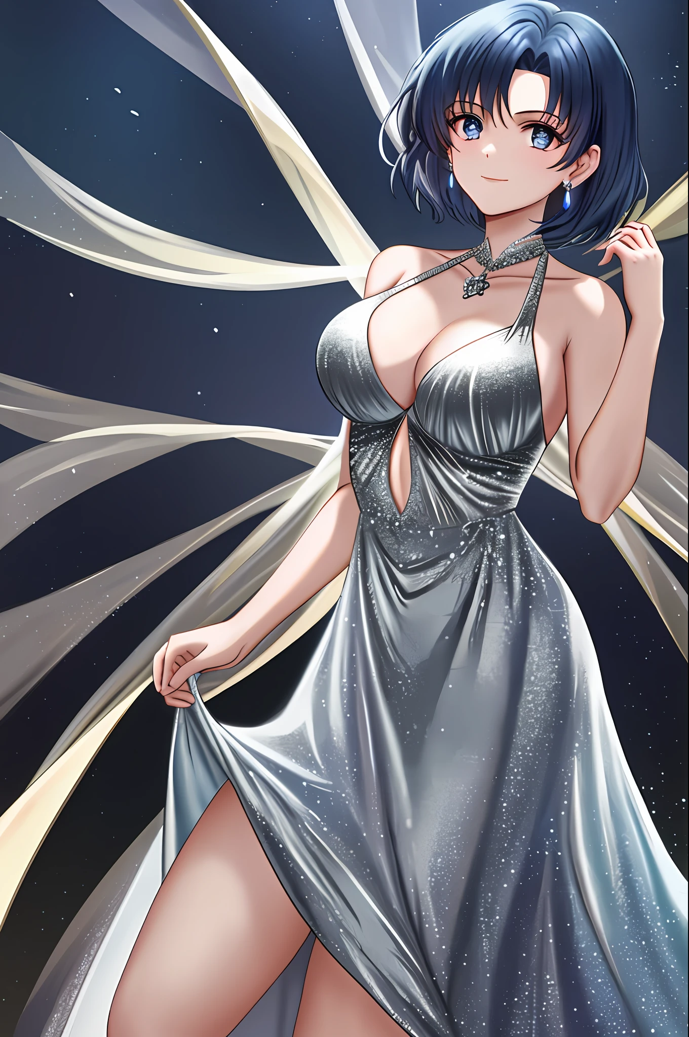 evening gown, 1girl, breasts, dress, plunging neckline, jewelry, silver dress, medium breasts, necklace, bare shoulders, solo, cleavage, halter dress, halterneck, backless outfit, looking at viewer, revealing clothes, hair ornament, grey dress, earrings,backless dress, smile, mer1, short hair, blue hair, thighs, medium full shot