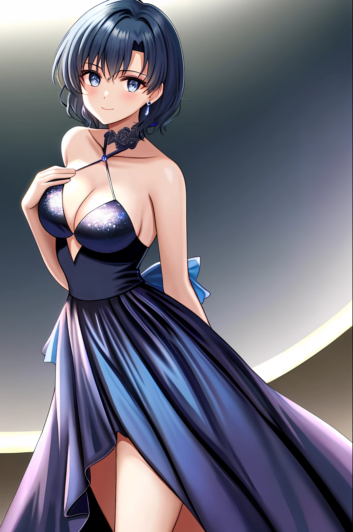 evening gown, 1girl, breasts, dress, plunging neckline, jewelry, silver dress, medium breasts, necklace, bare shoulders, solo, cleavage, halter dress, halterneck, backless outfit, looking at viewer, revealing clothes, hair ornament, grey dress, earrings,backless dress, smile, mer1, short hair, blue hair, thighs, medium full shot
